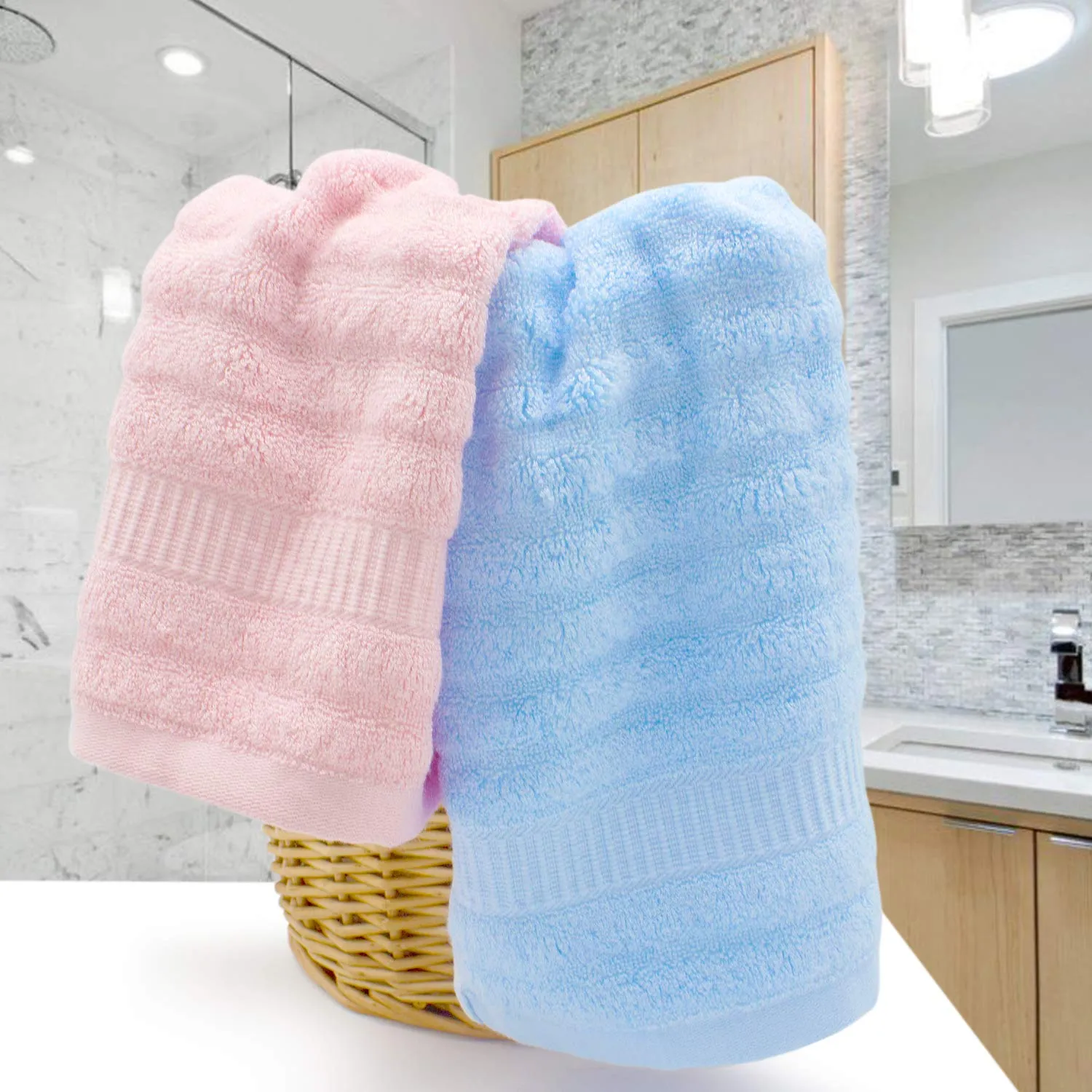 Mush Ultra Soft & Absorbent 600 GSM 6 Piece Bamboo Towel Couple Set (Sky Blue & Pink)
