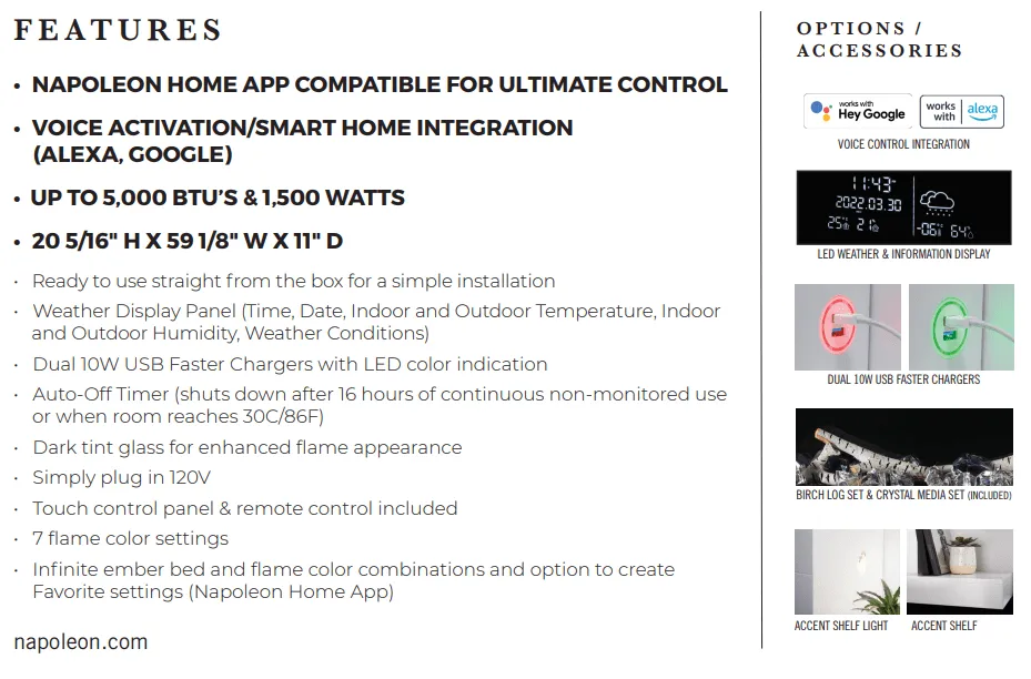 Napoleon Stylus Elite Wall Mount Smart Electric Fireplace NEFP32-5019W-IOT