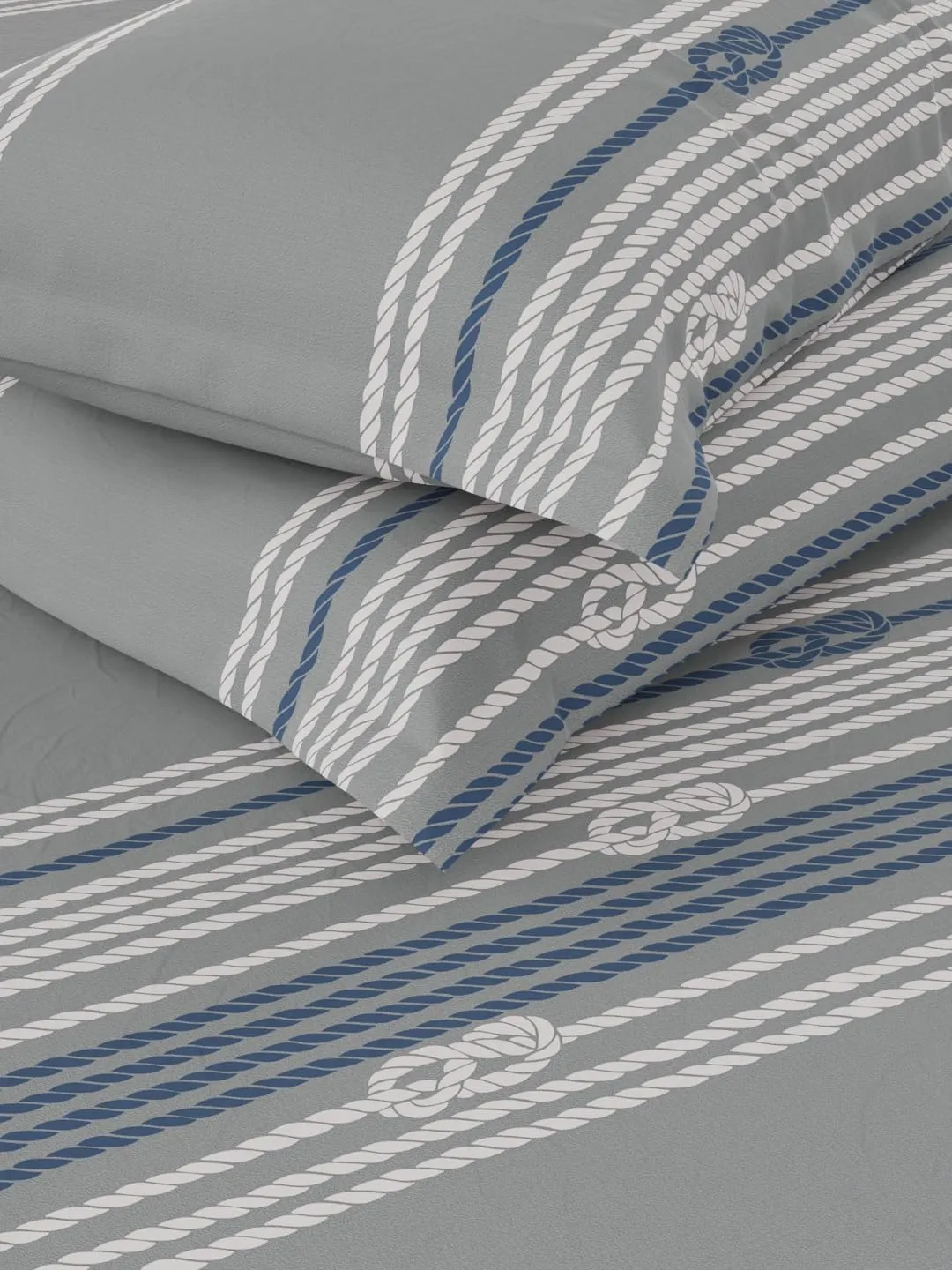 NAUTICA Cotton King Bedsheet with 2 Pillow Covers -3pc set (ocean view) ornamental-grey/blue
