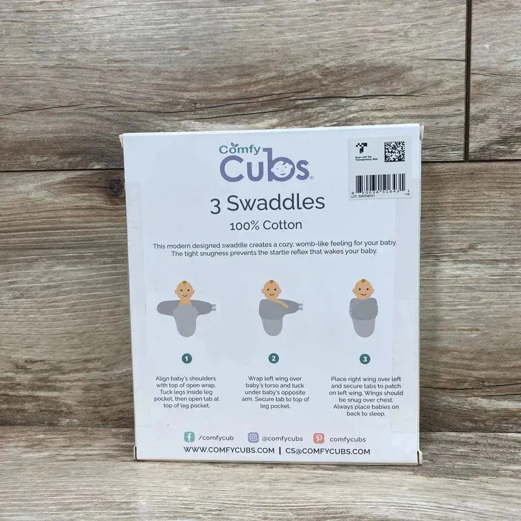 NEW Comfy Clubs 3Pk Swaddle Blankets Small/Medium: 0-3 months, 7-14 Pounds, up to 26 inches