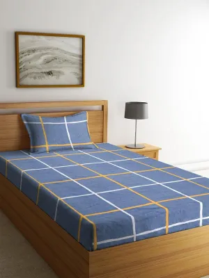 NHD HOME Glace Cotton 200 TC Flat Single Bedsheets for Summer Breathable | Wrinklefree (Size-60 X 90 Inch) with 1 Pillow Covers (Size-17 X 27 Inches, Checks, Grey & White)
