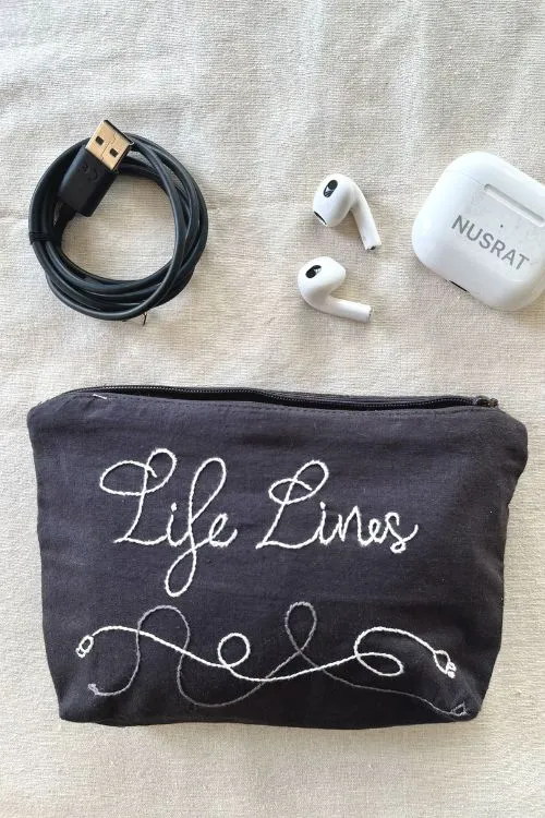 Okhai "Life Lines" Hand-Embroidered Pure Cotton Pouch