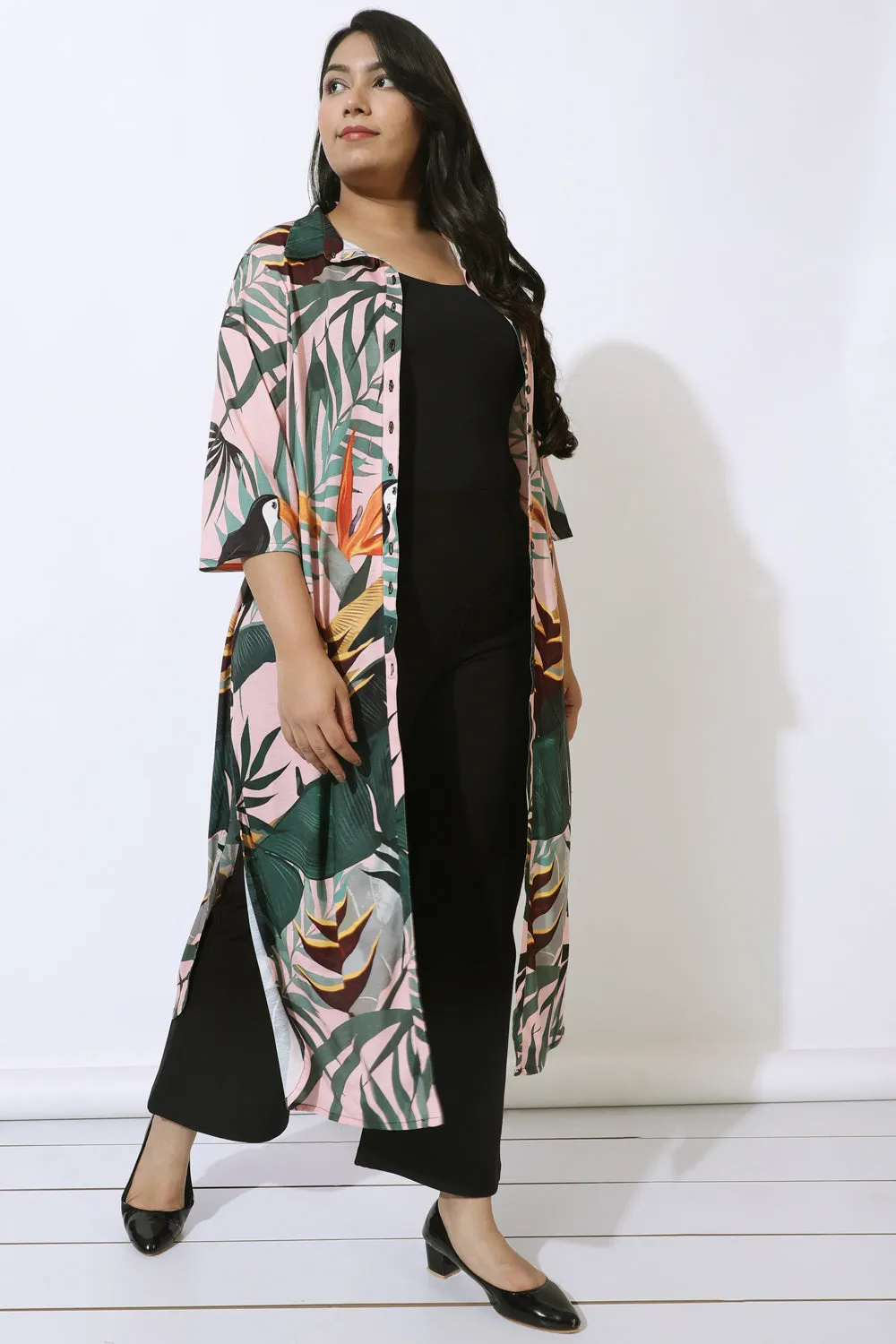Pink Tropical Print Kurta Cum Shrug
