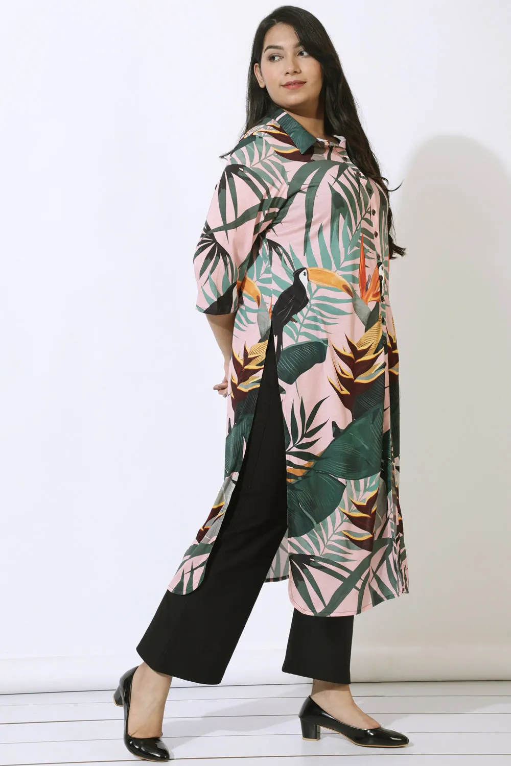 Pink Tropical Print Kurta Cum Shrug