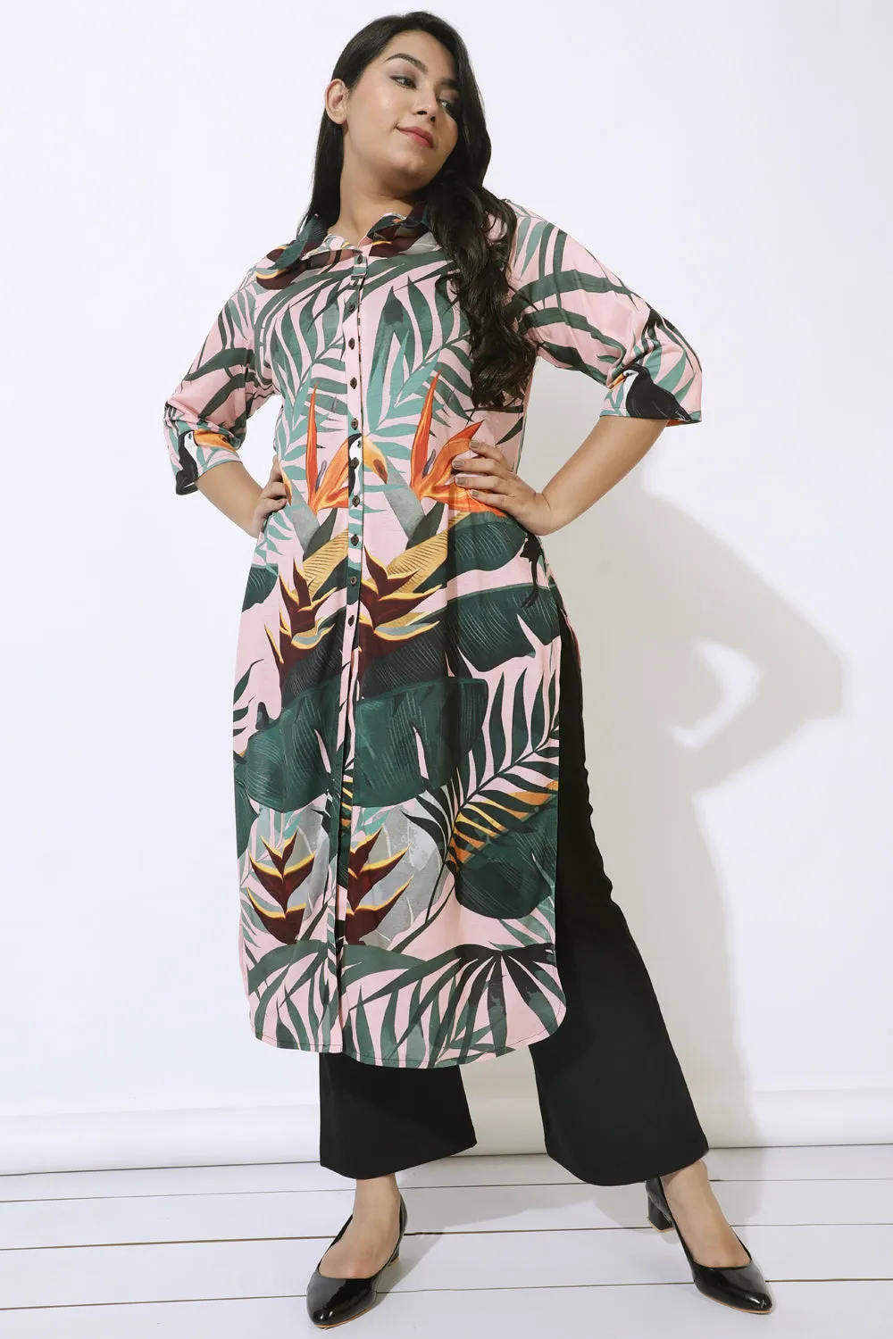 Pink Tropical Print Kurta Cum Shrug