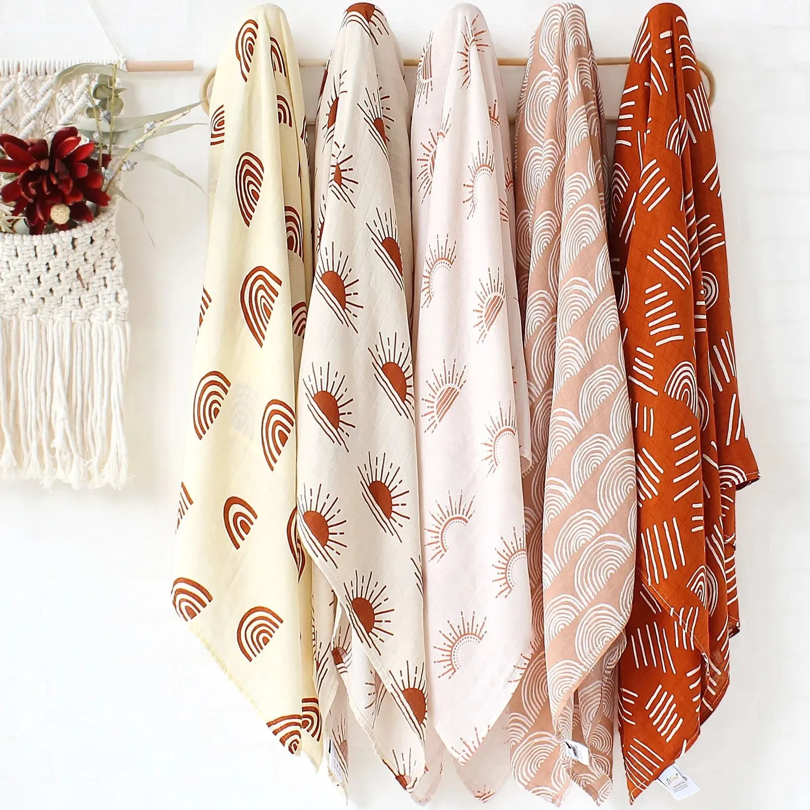 Printed Muslin Fabric Baby Blankets Wrap Eucalyptus Organic Cotton.