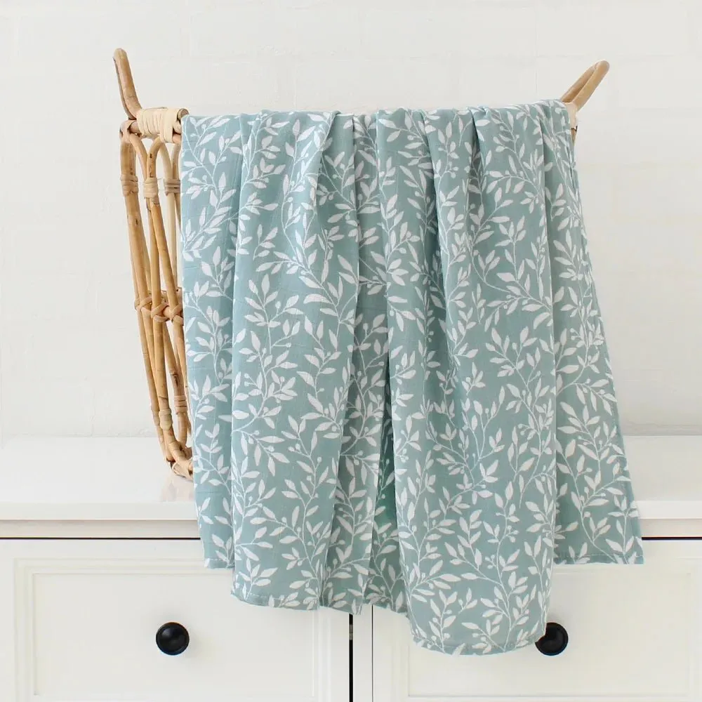 Printed Muslin Fabric Baby Blankets Wrap Eucalyptus Organic Cotton.