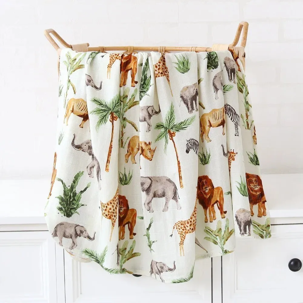 Printed Muslin Fabric Baby Blankets Wrap Eucalyptus Organic Cotton.