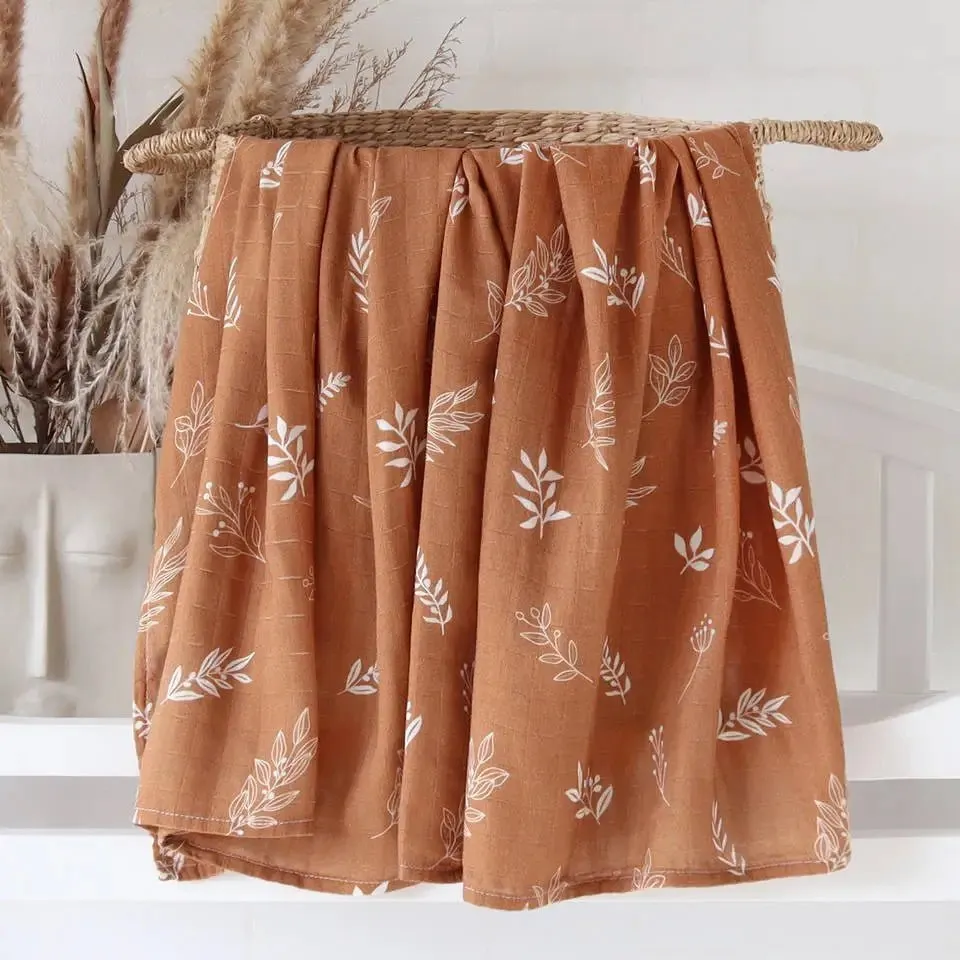 Printed Muslin Fabric Baby Blankets Wrap Eucalyptus Organic Cotton.