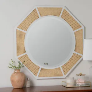 Rattan Elegance Series Mango Wood Octagon Mirror Frame for Wall (White)