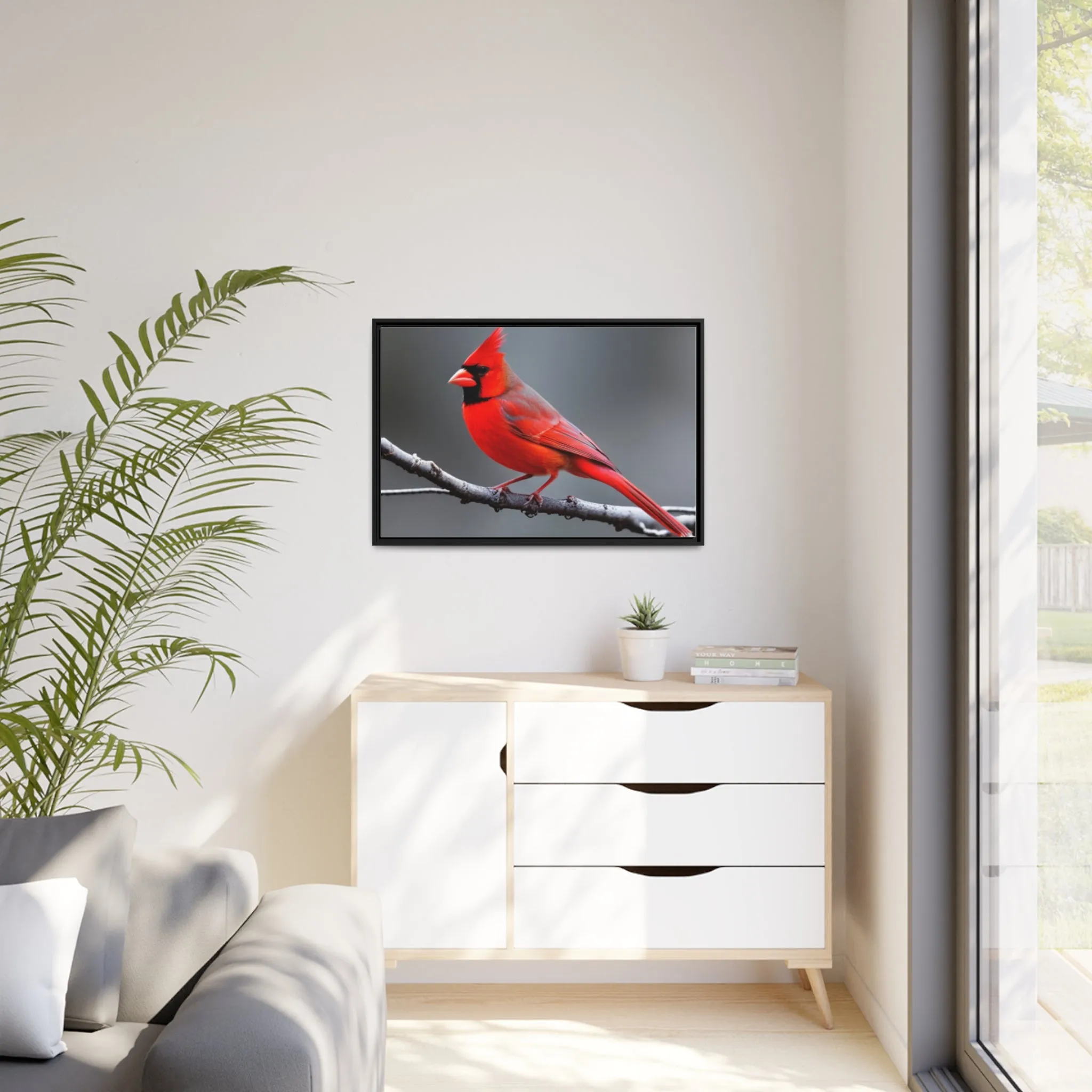 Red Cardinal Bird Matte Canvas with Black Frame