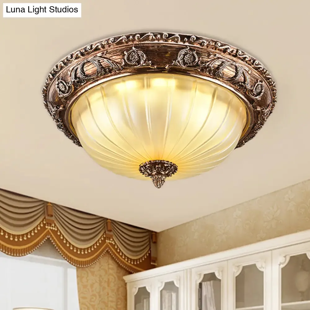 Ribbed Frosted Glass LED Flush Mount Ceiling Light in Traditional Brown - 14"/16"/19.5