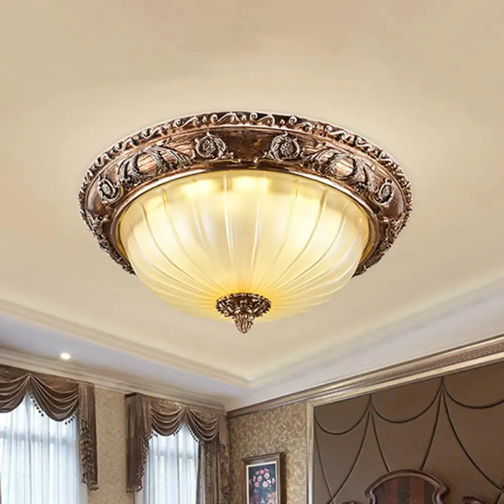 Ribbed Frosted Glass LED Flush Mount Ceiling Light in Traditional Brown - 14"/16"/19.5