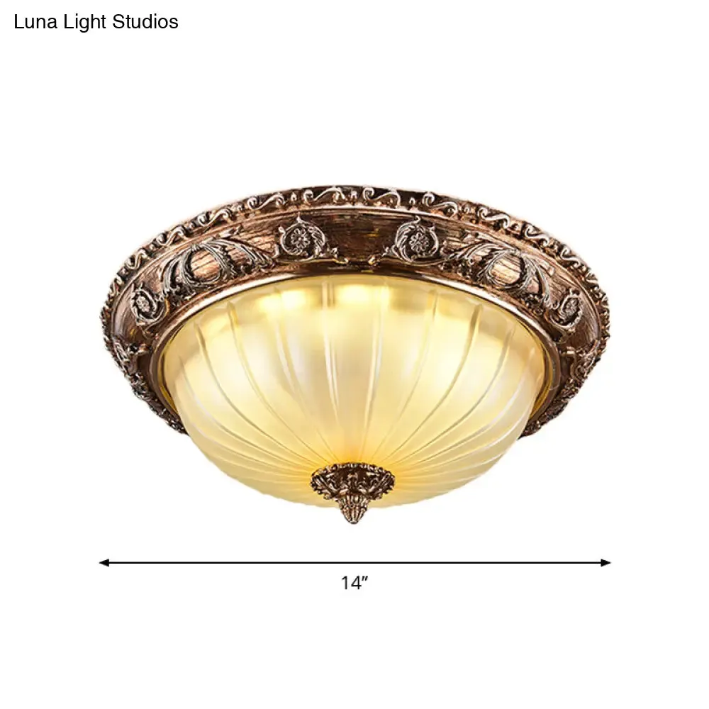 Ribbed Frosted Glass LED Flush Mount Ceiling Light in Traditional Brown - 14"/16"/19.5