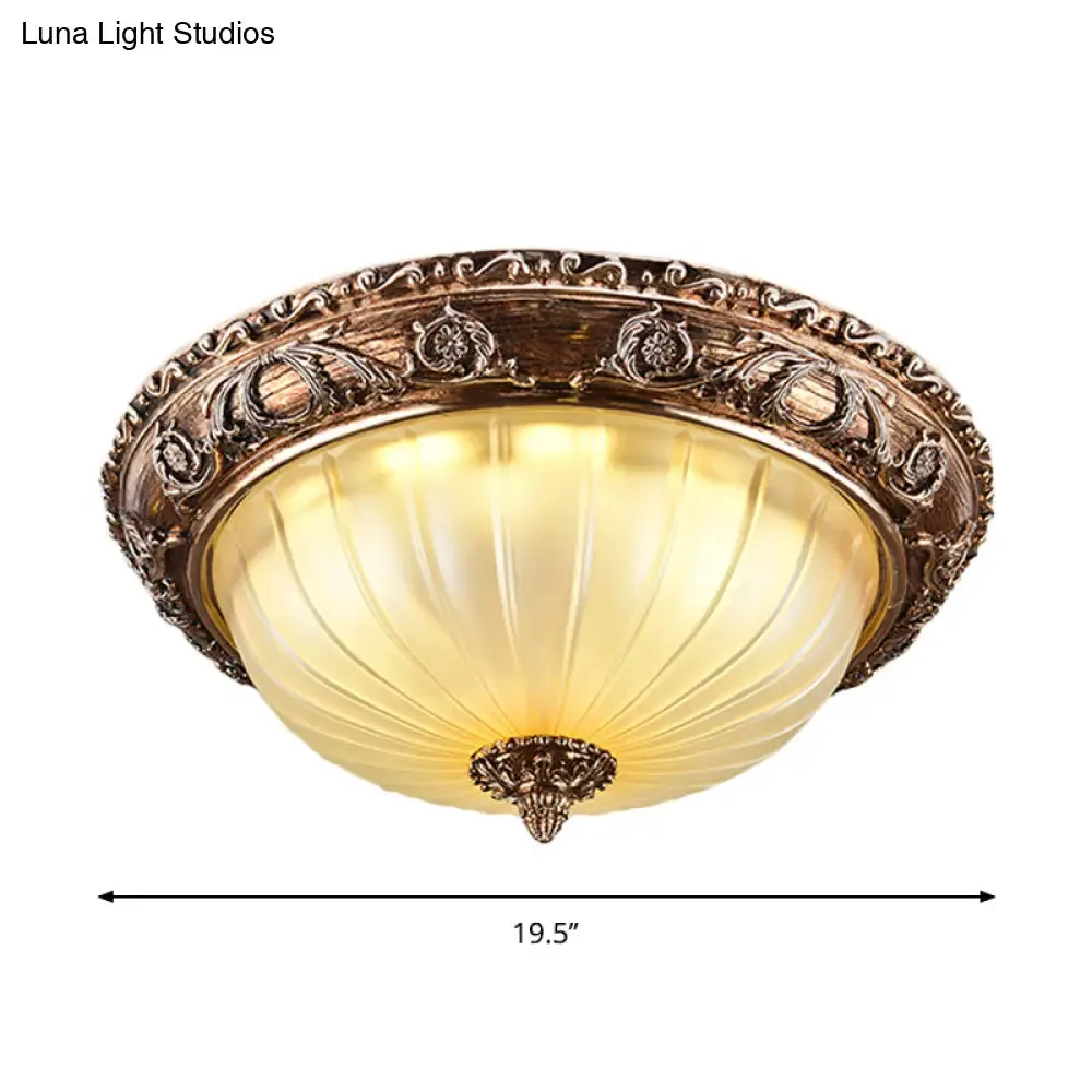 Ribbed Frosted Glass LED Flush Mount Ceiling Light in Traditional Brown - 14"/16"/19.5