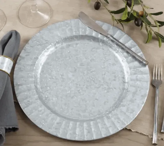 Round Ruffled Galvanized Table Chargers - Silver Set of 4