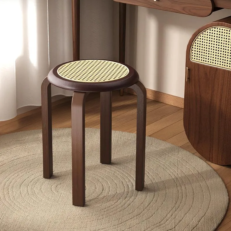 Set of 2 Walnut Rattan Stackable Round Stool Dining Chair