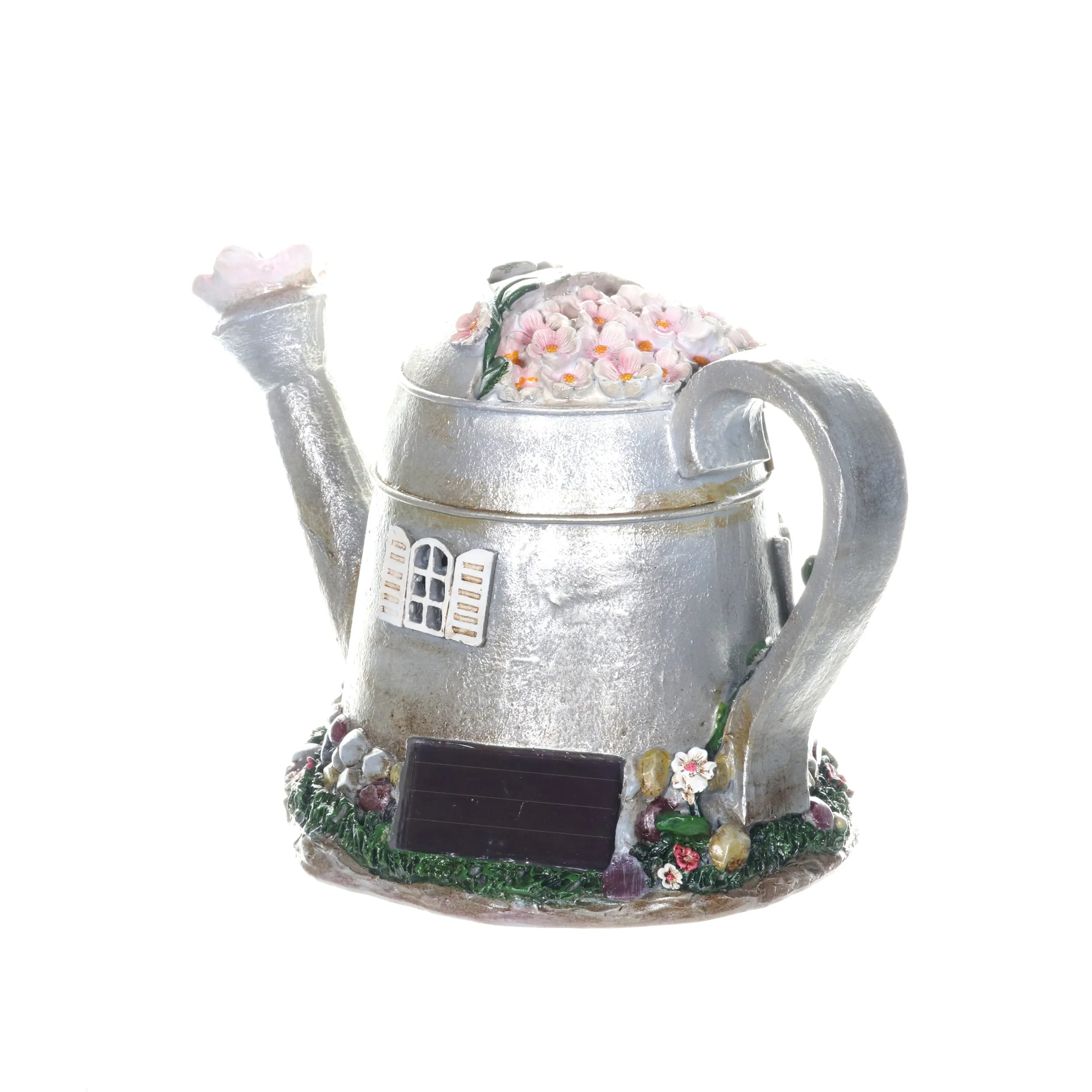 Solar Silver Tea Pot Fairy House Garden Statue, 7 Inch
