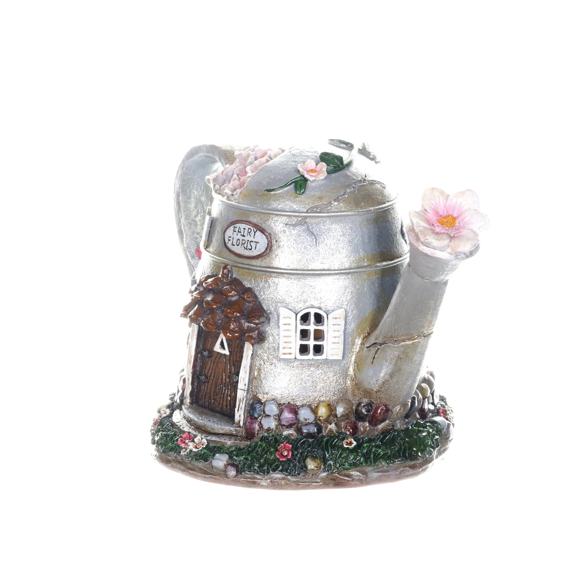 Solar Silver Tea Pot Fairy House Garden Statue, 7 Inch