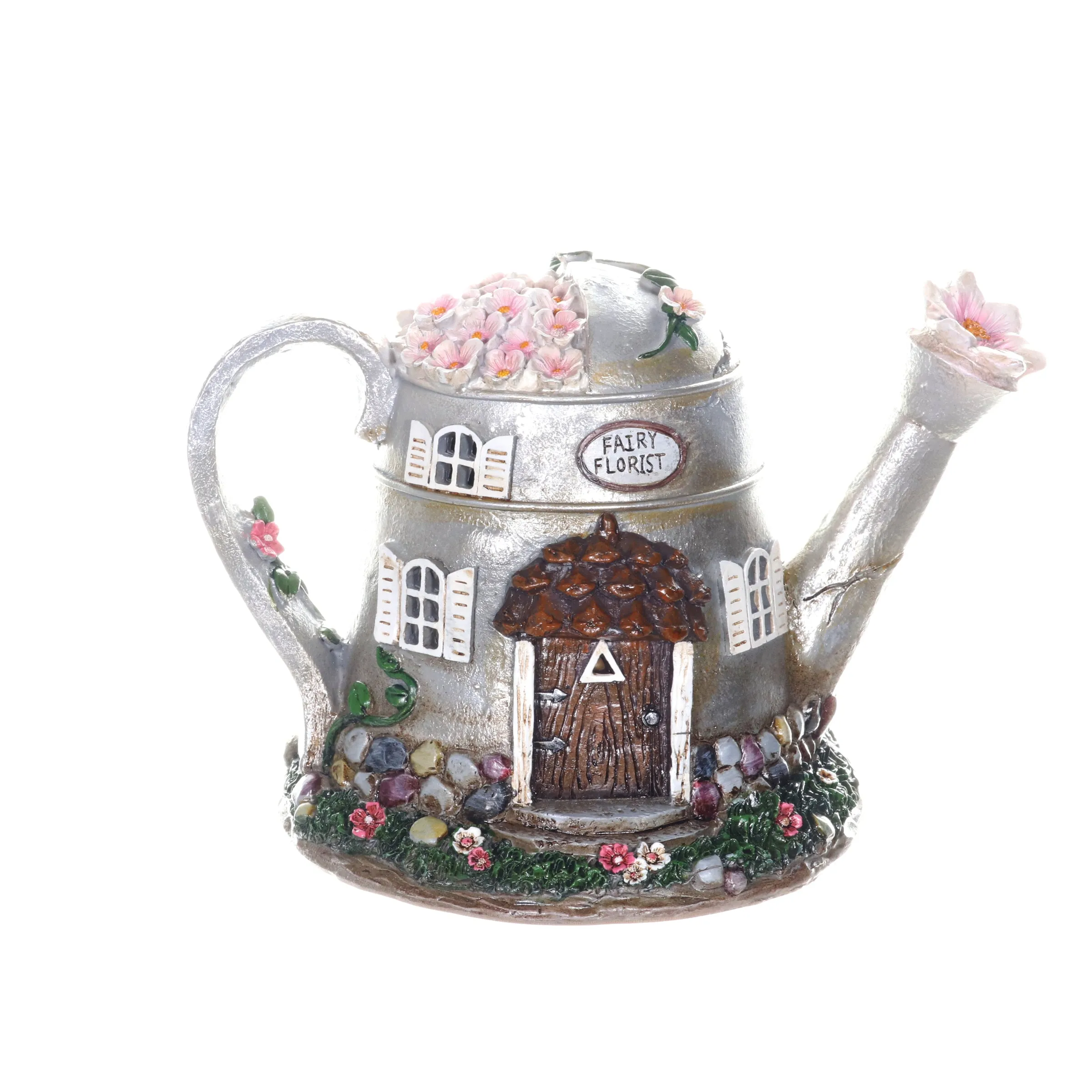 Solar Silver Tea Pot Fairy House Garden Statue, 7 Inch