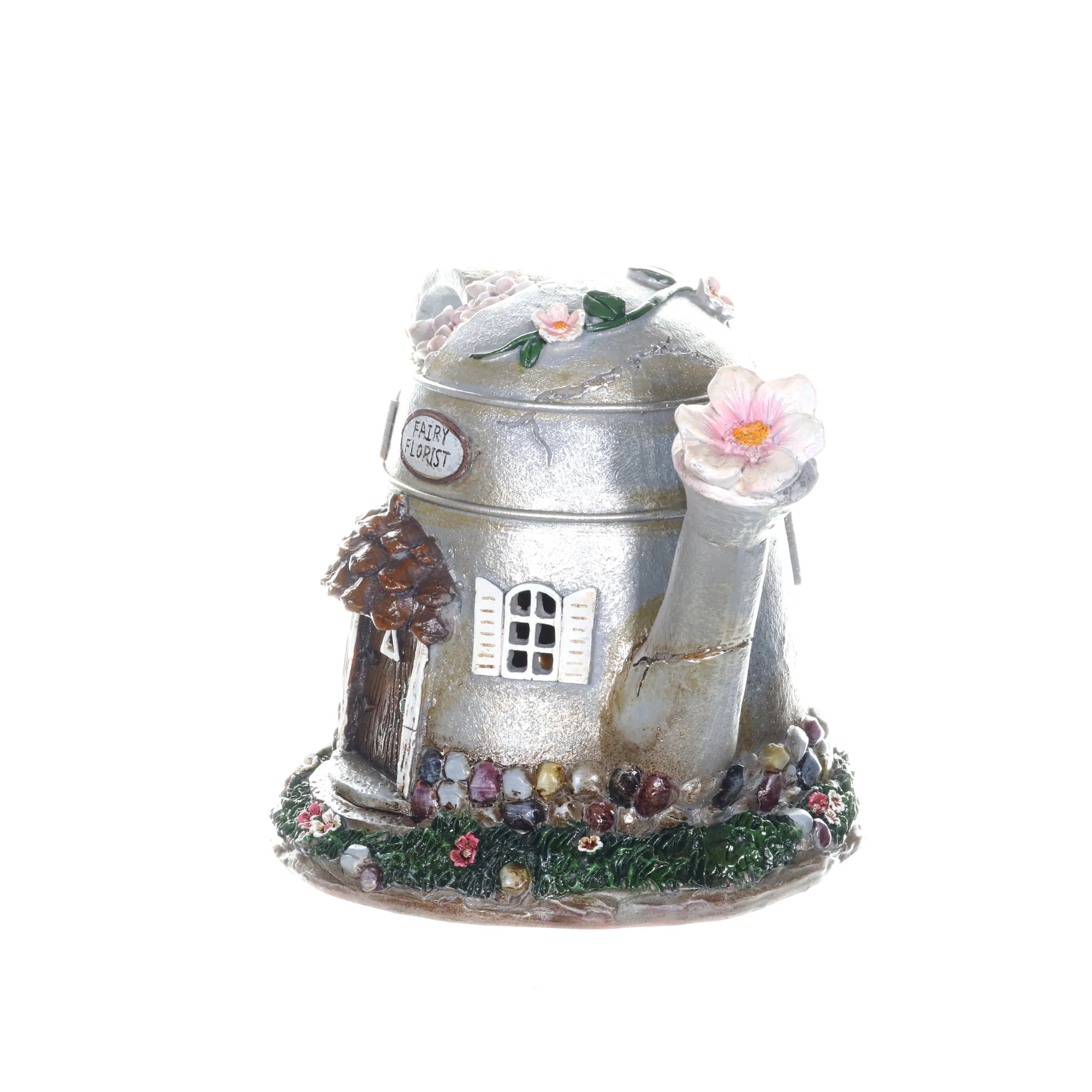 Solar Silver Tea Pot Fairy House Garden Statue, 7 Inch