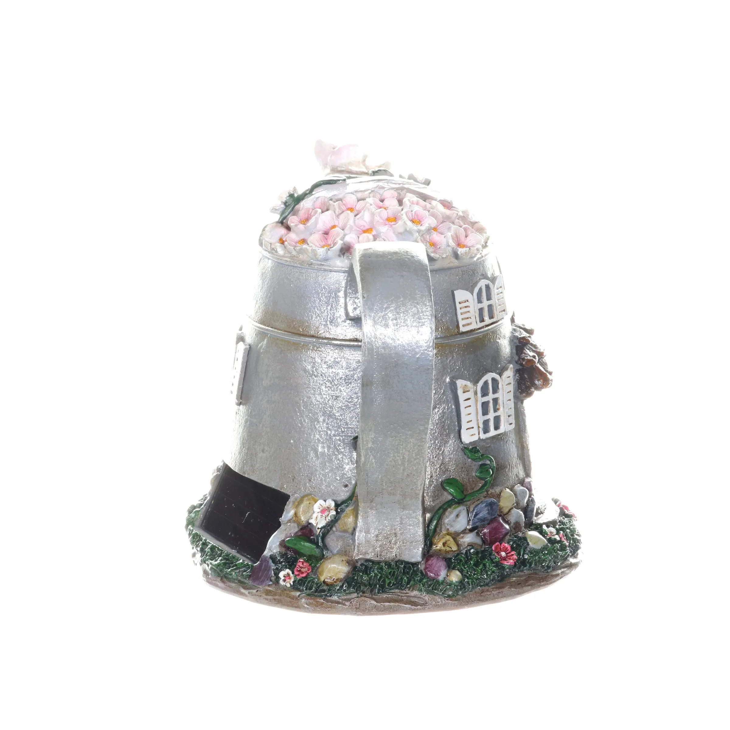 Solar Silver Tea Pot Fairy House Garden Statue, 7 Inch