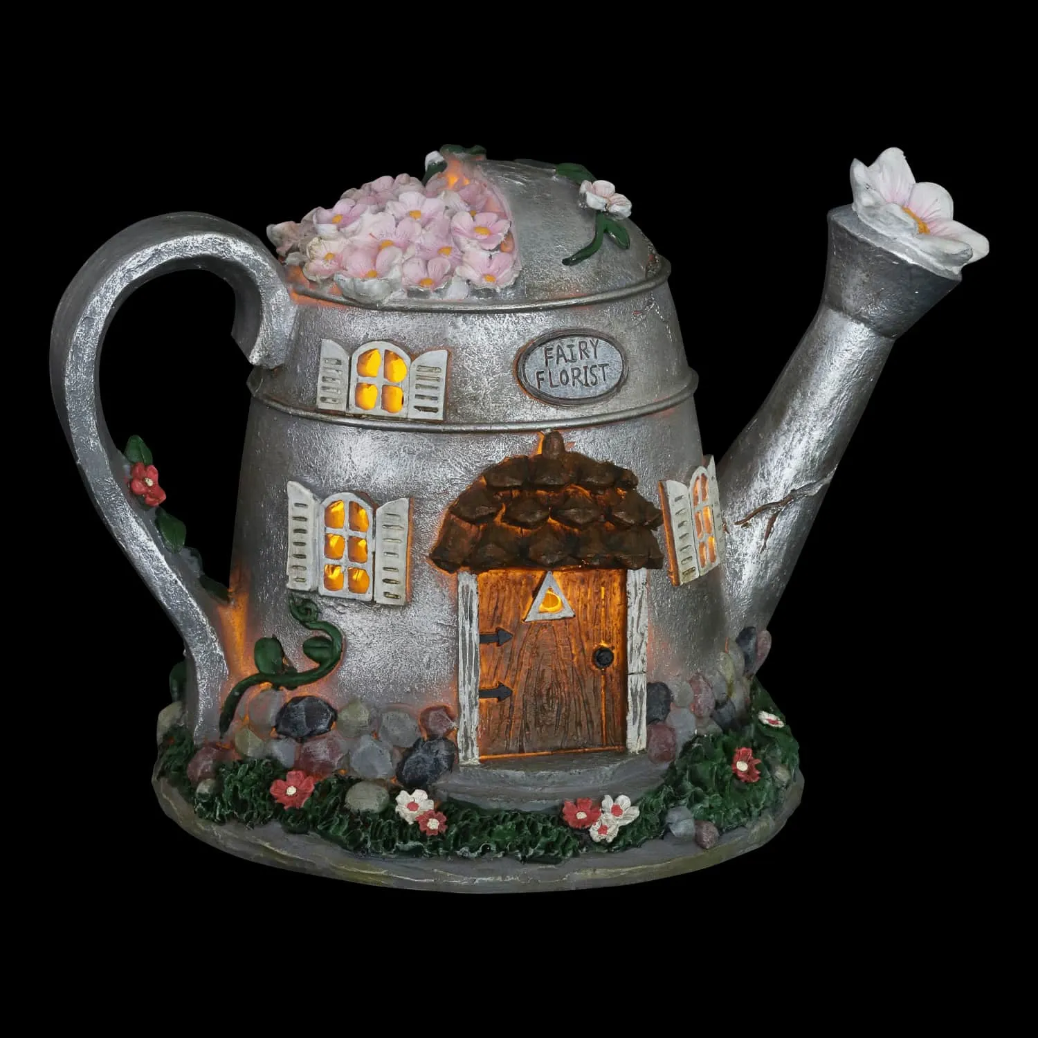 Solar Silver Tea Pot Fairy House Garden Statue, 7 Inch