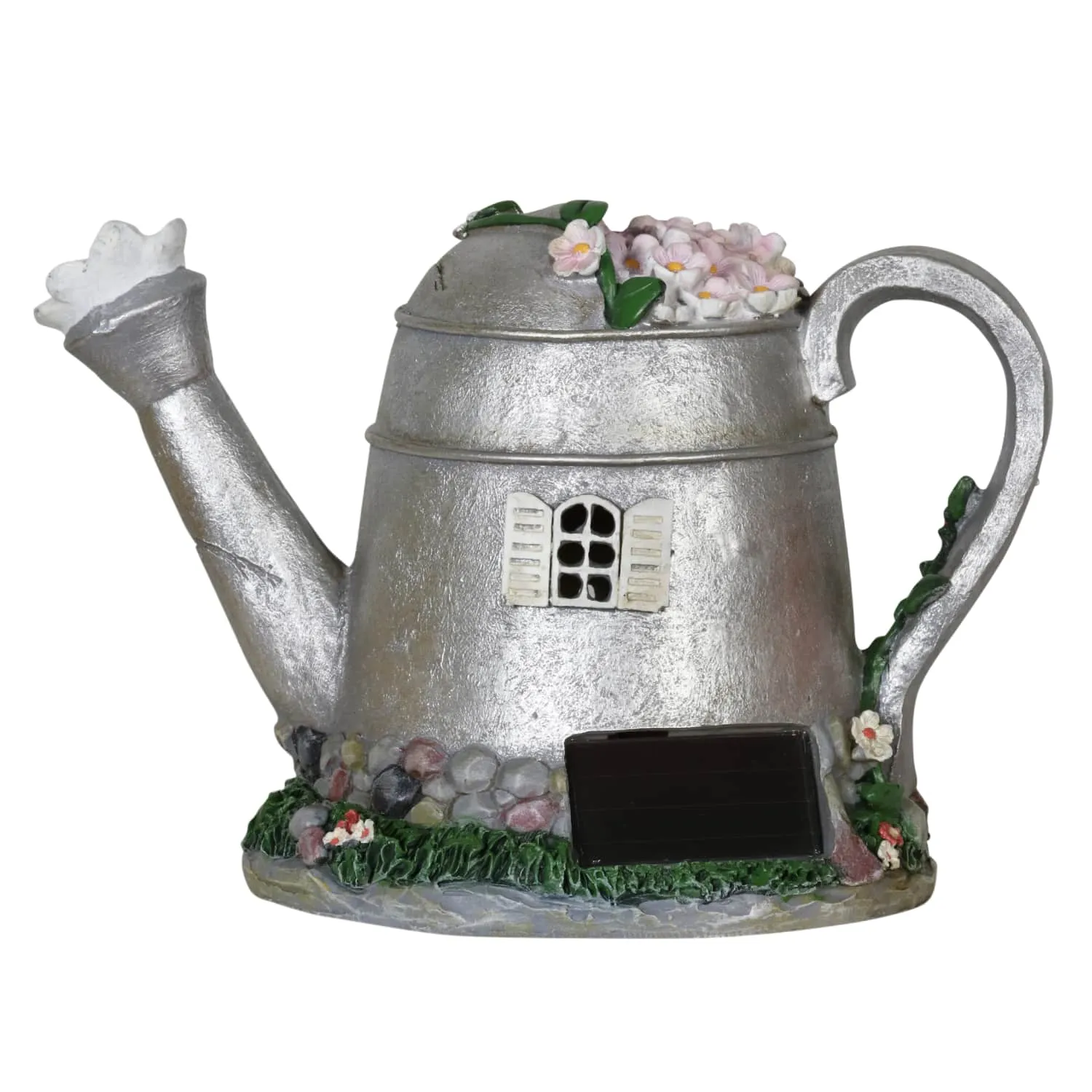 Solar Silver Tea Pot Fairy House Garden Statue, 7 Inch