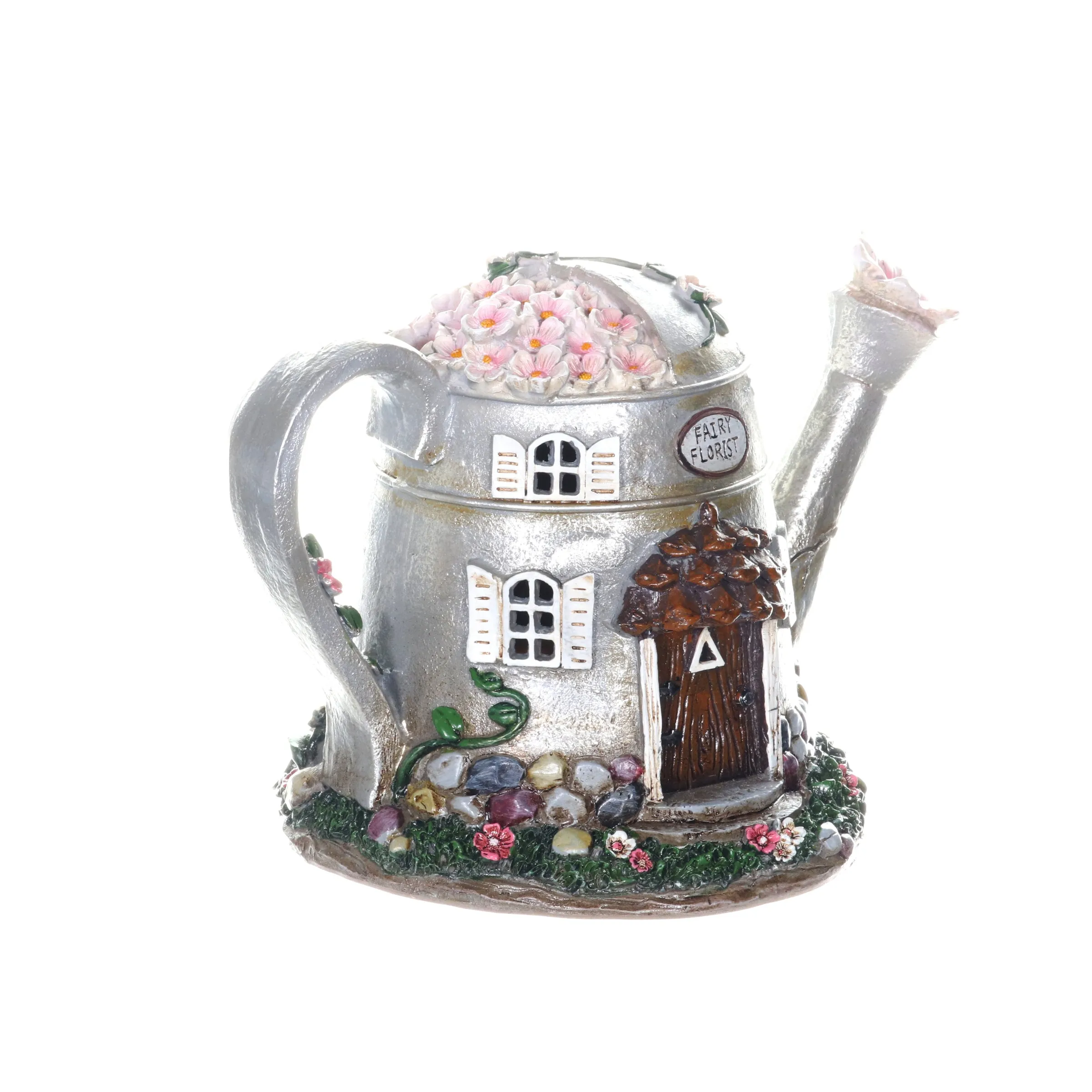 Solar Silver Tea Pot Fairy House Garden Statue, 7 Inch