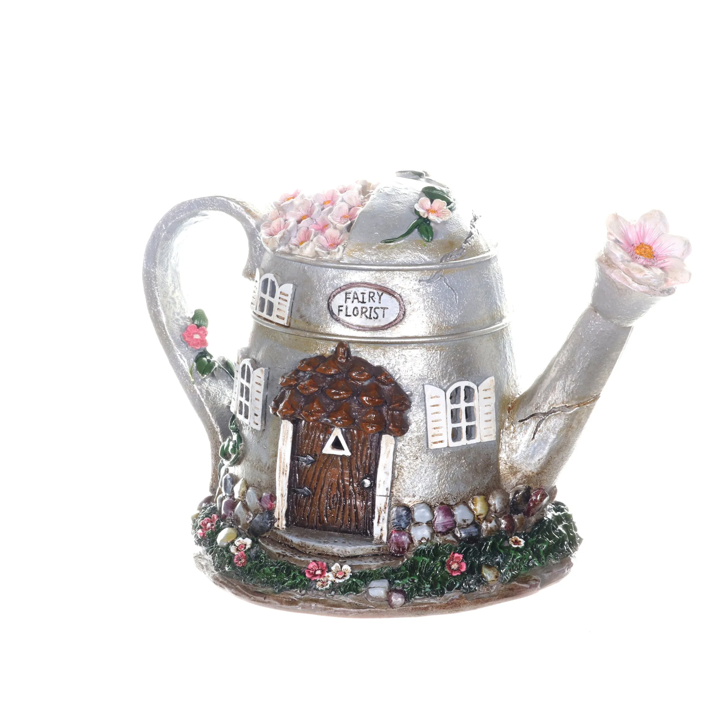 Solar Silver Tea Pot Fairy House Garden Statue, 7 Inch