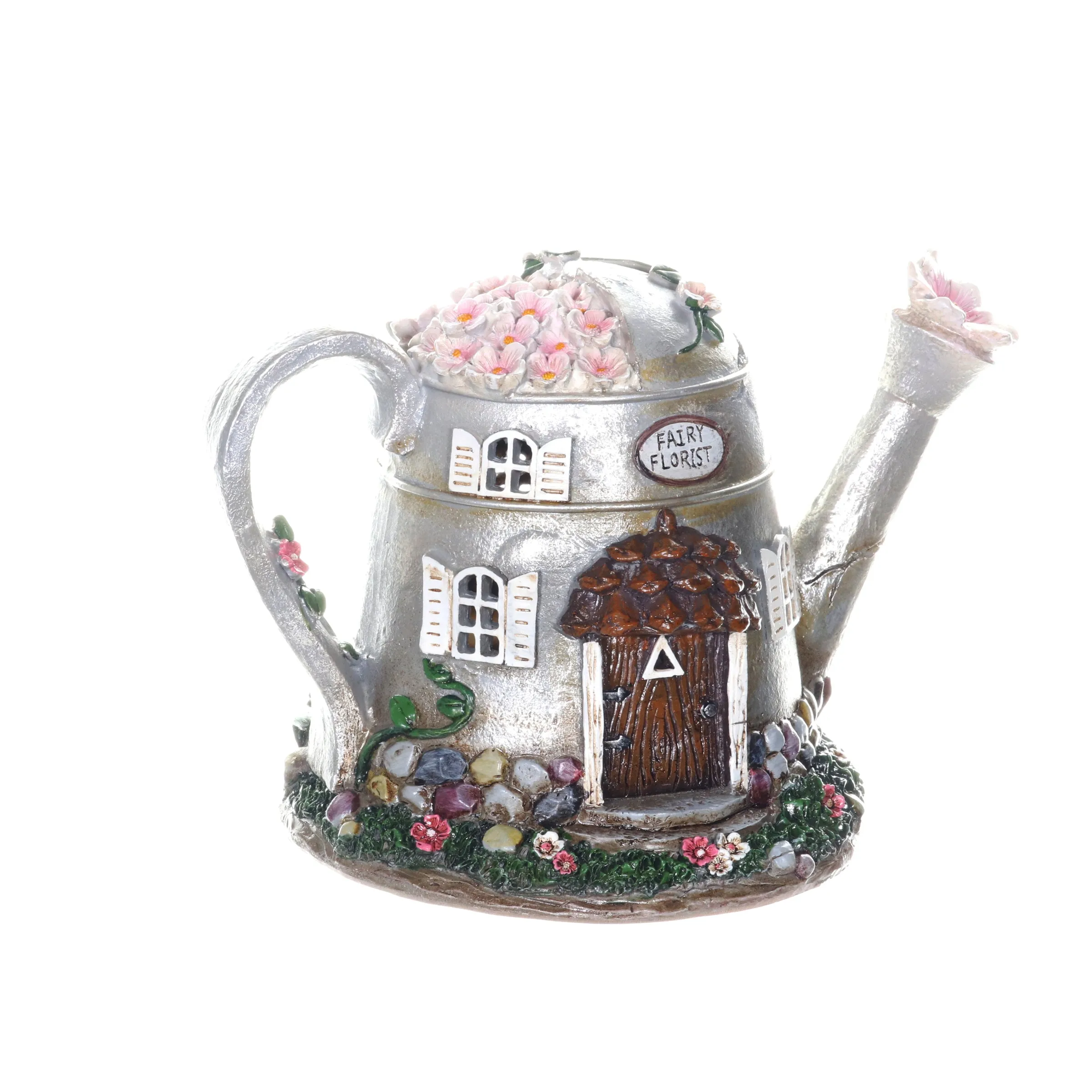 Solar Silver Tea Pot Fairy House Garden Statue, 7 Inch