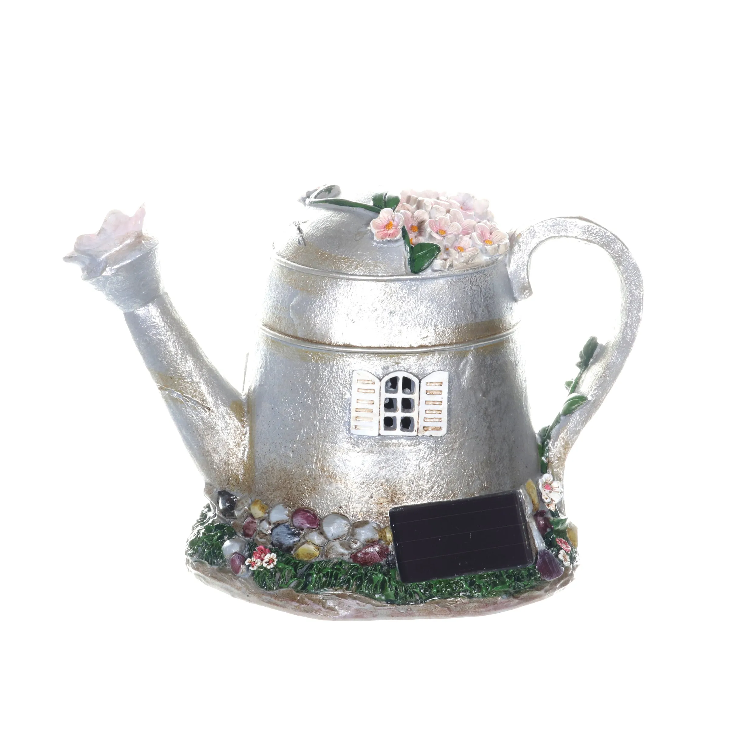 Solar Silver Tea Pot Fairy House Garden Statue, 7 Inch