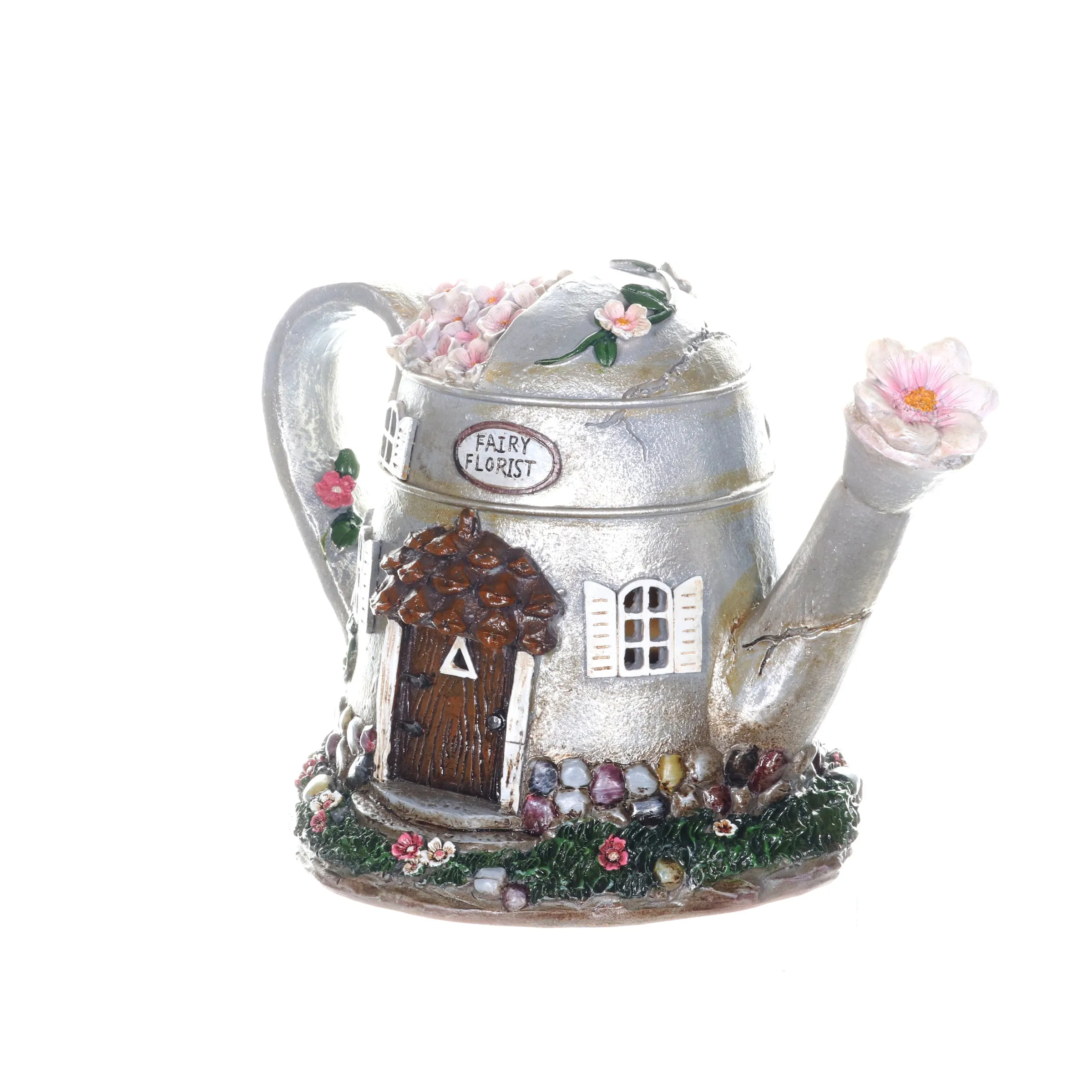 Solar Silver Tea Pot Fairy House Garden Statue, 7 Inch