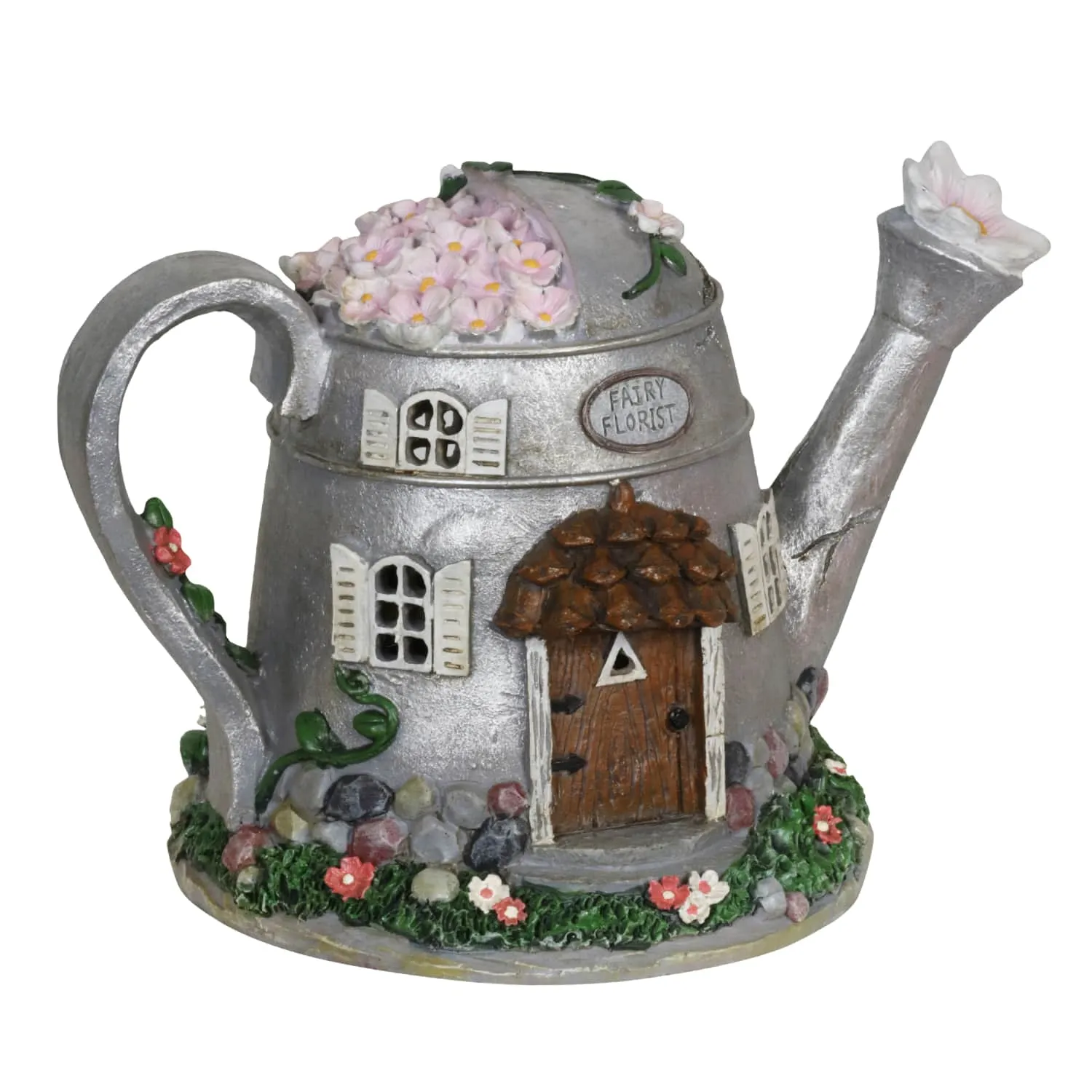 Solar Silver Tea Pot Fairy House Garden Statue, 7 Inch