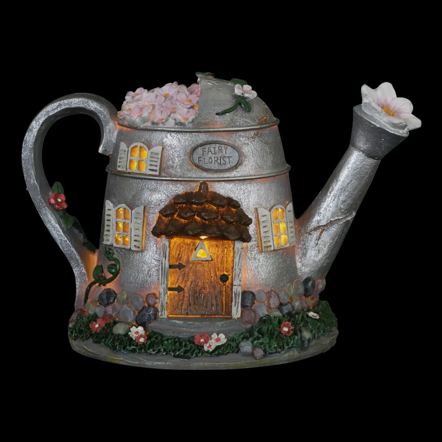 Solar Silver Tea Pot Fairy House Garden Statue, 7 Inch