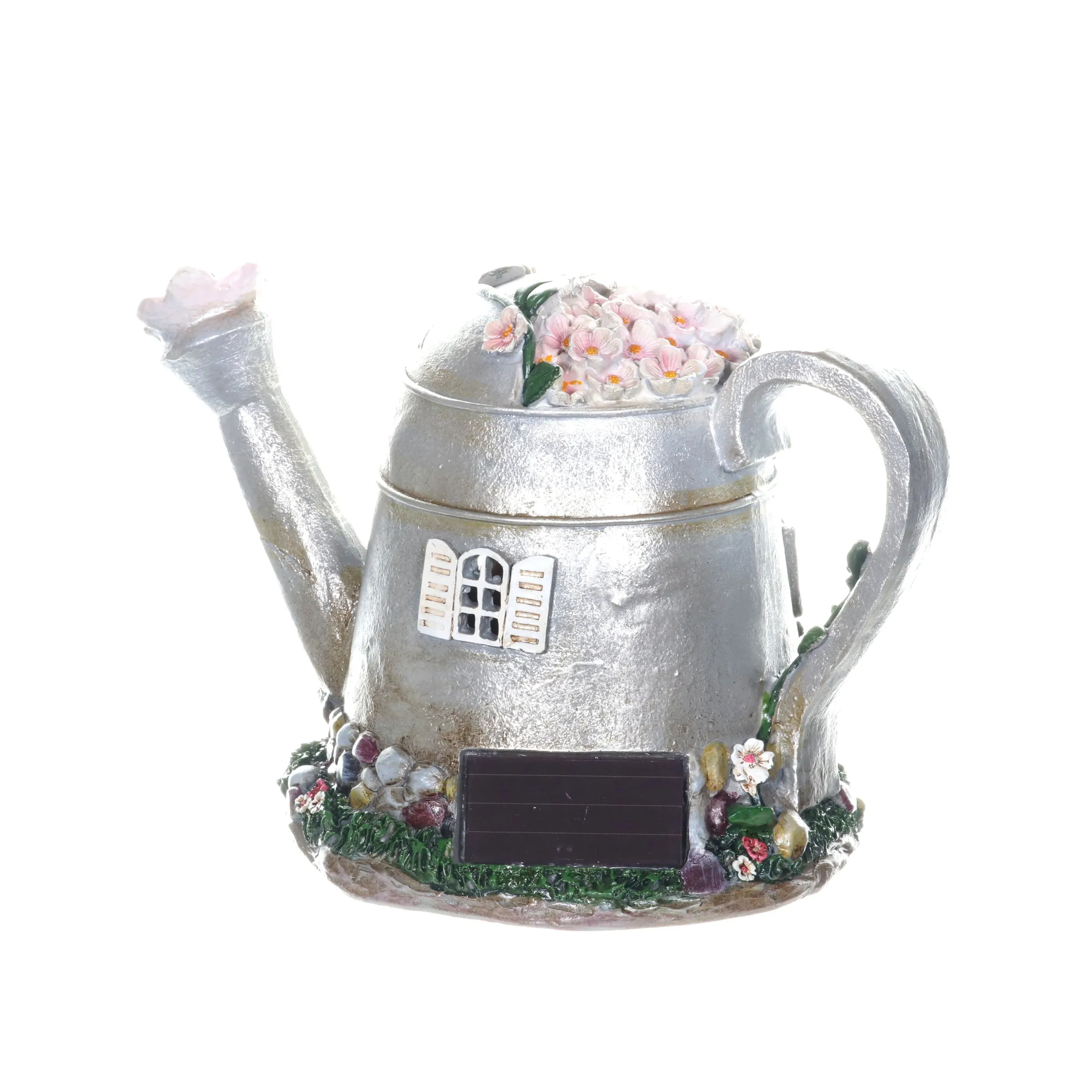Solar Silver Tea Pot Fairy House Garden Statue, 7 Inch