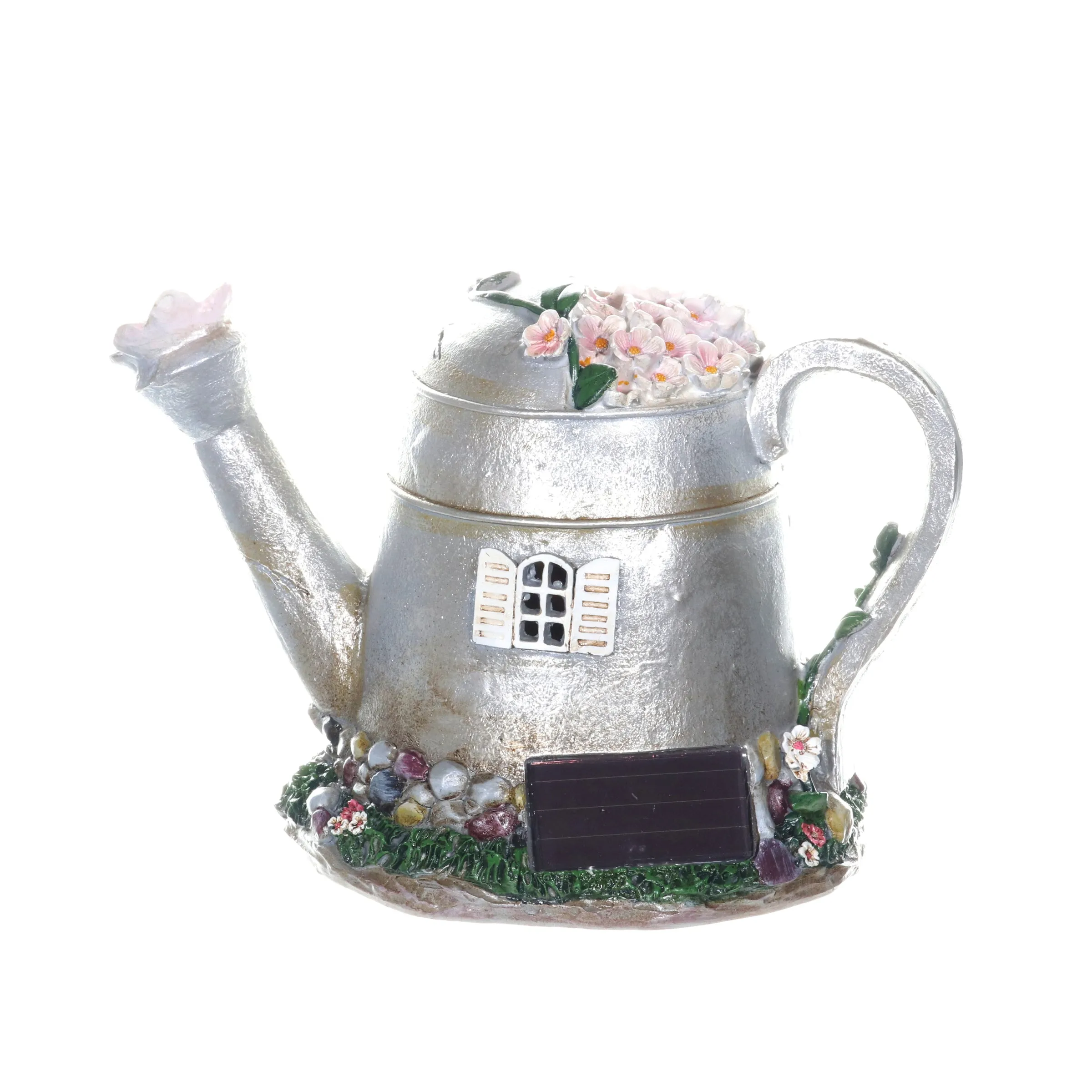 Solar Silver Tea Pot Fairy House Garden Statue, 7 Inch
