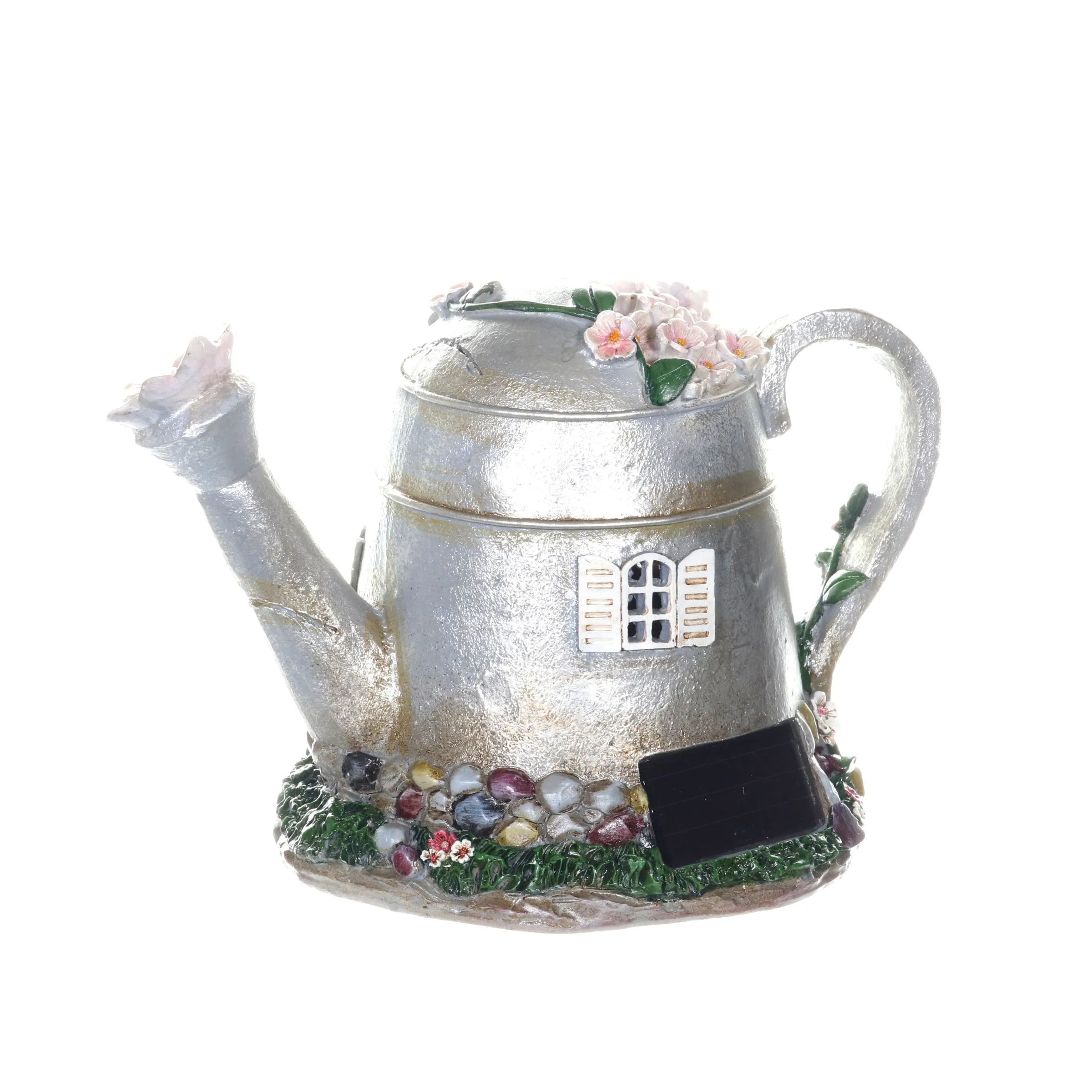 Solar Silver Tea Pot Fairy House Garden Statue, 7 Inch