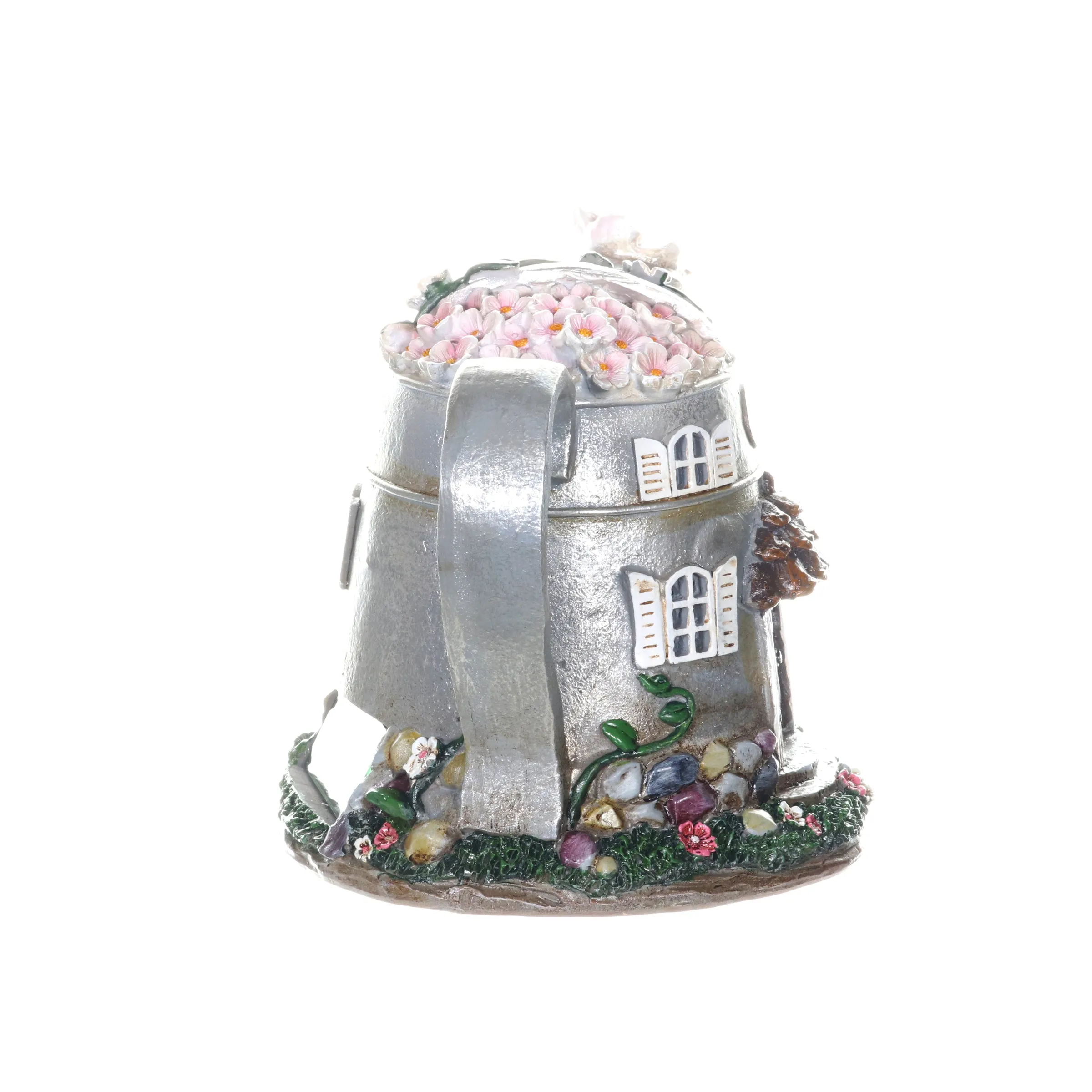 Solar Silver Tea Pot Fairy House Garden Statue, 7 Inch