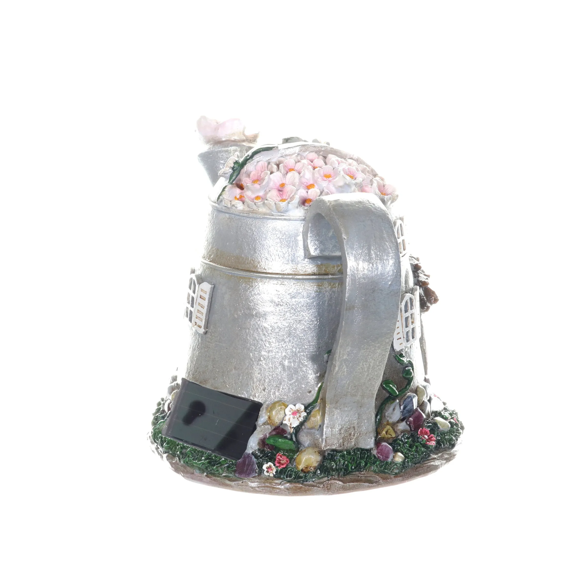 Solar Silver Tea Pot Fairy House Garden Statue, 7 Inch