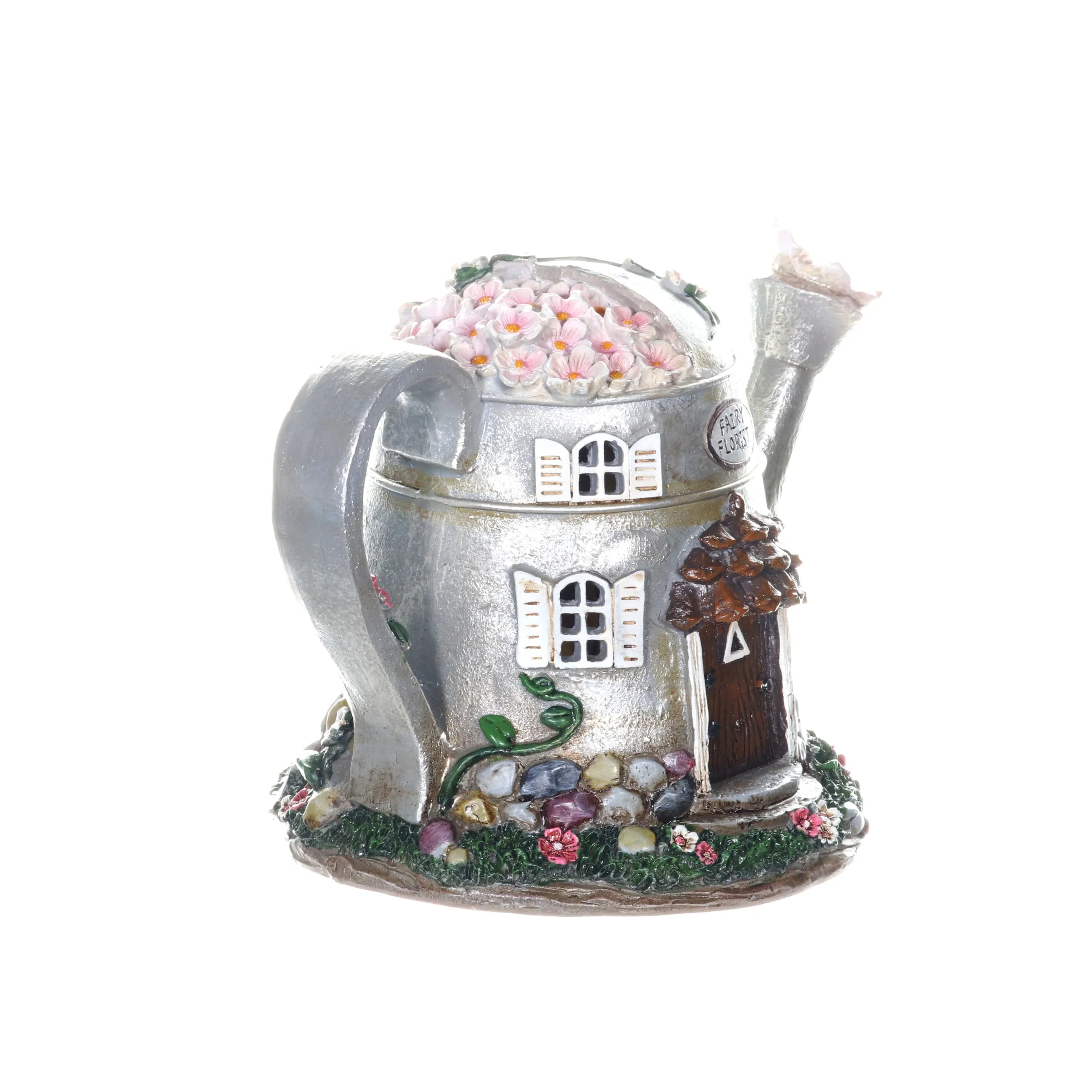 Solar Silver Tea Pot Fairy House Garden Statue, 7 Inch