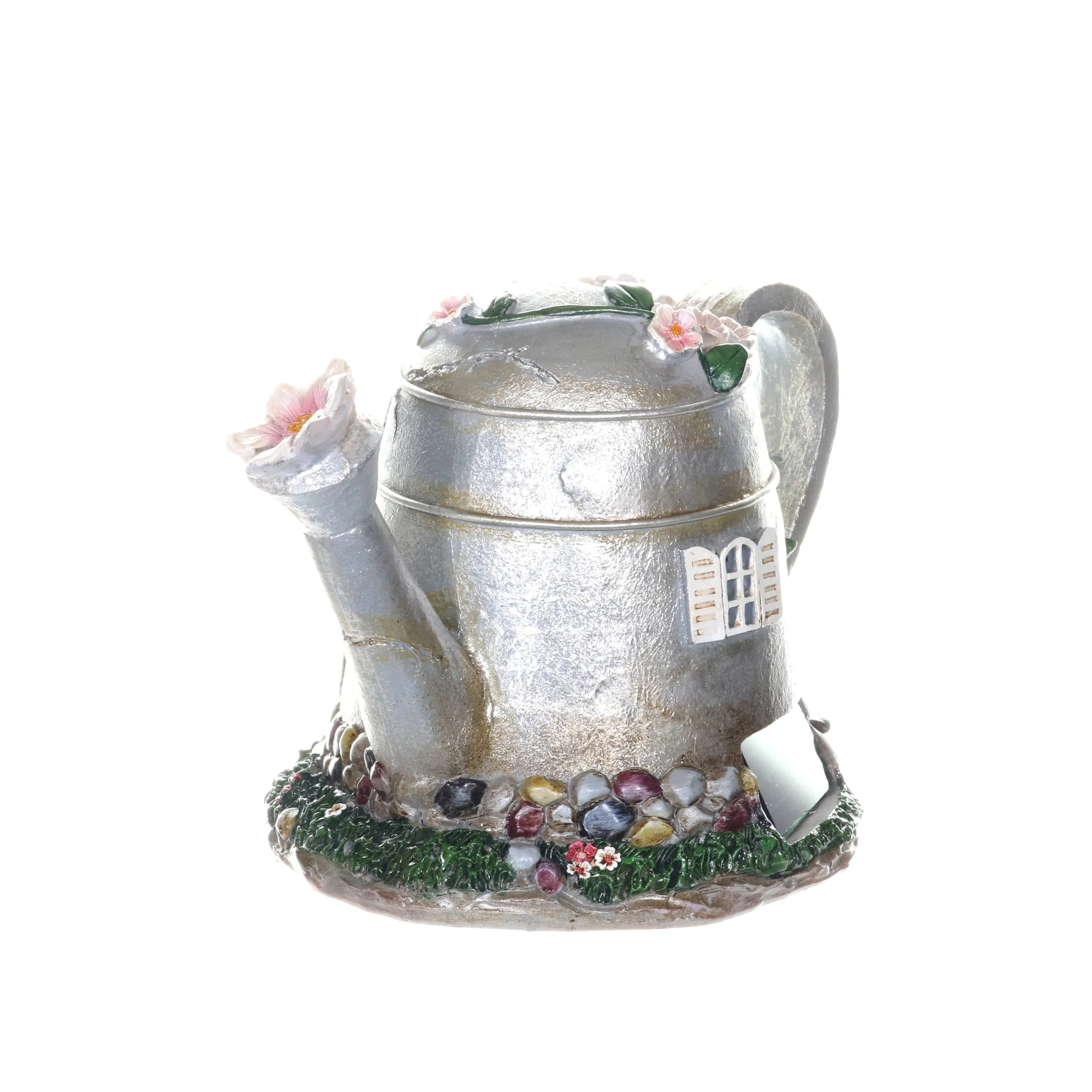 Solar Silver Tea Pot Fairy House Garden Statue, 7 Inch