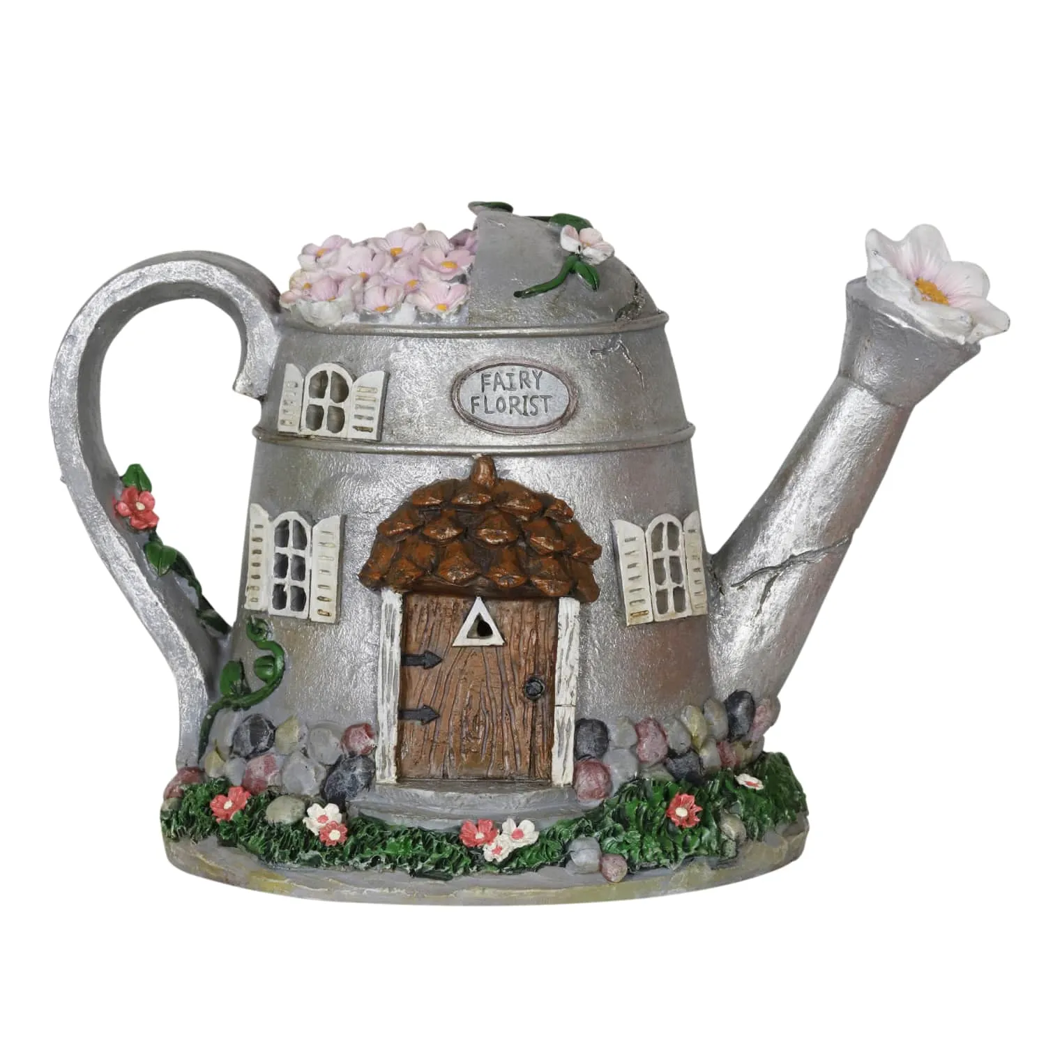 Solar Silver Tea Pot Fairy House Garden Statue, 7 Inch