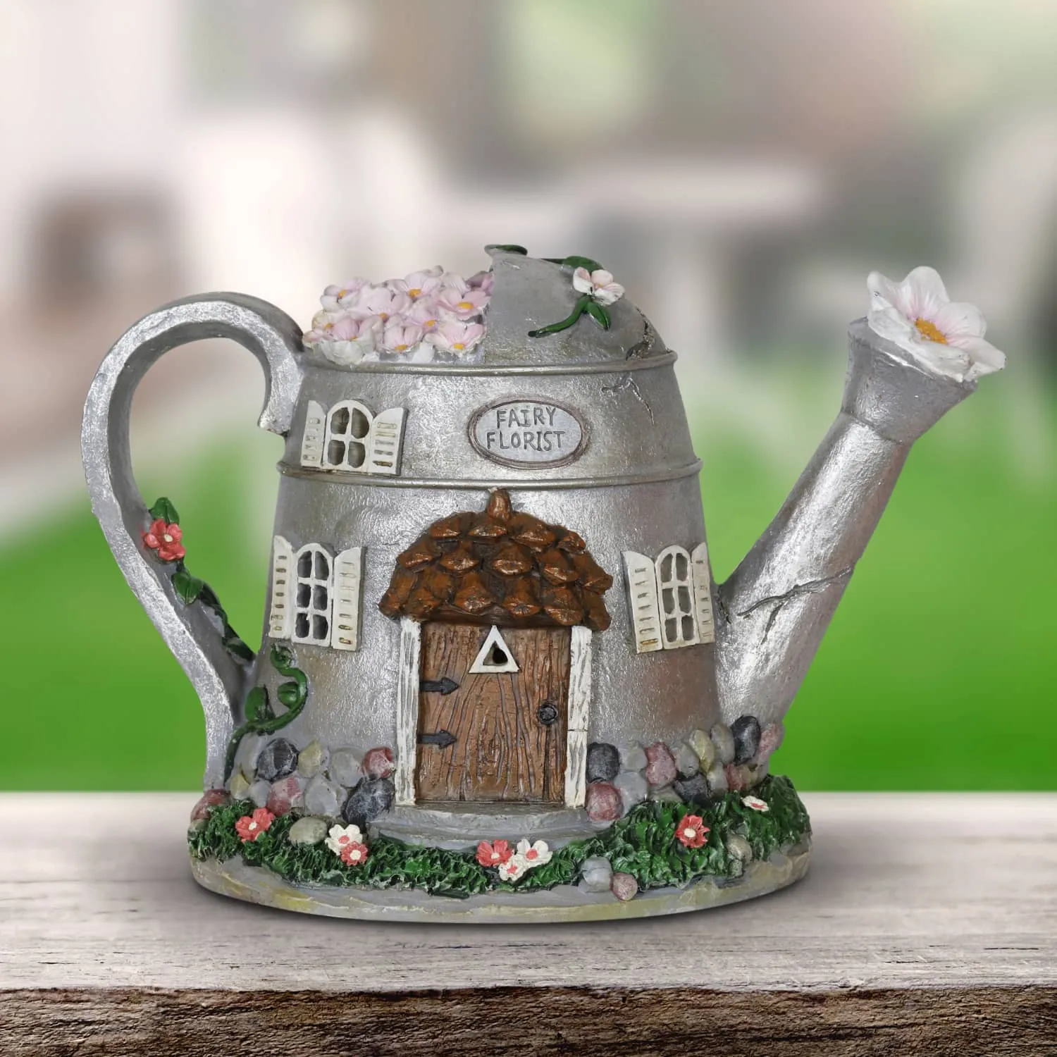 Solar Silver Tea Pot Fairy House Garden Statue, 7 Inch