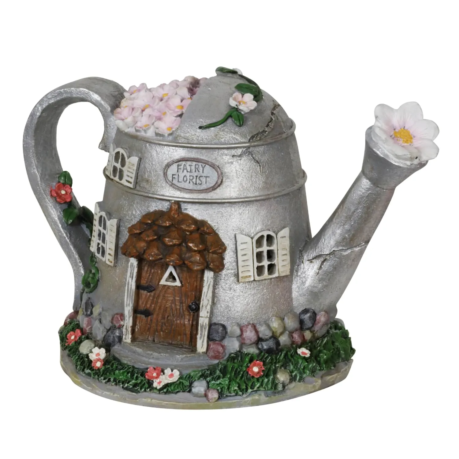 Solar Silver Tea Pot Fairy House Garden Statue, 7 Inch