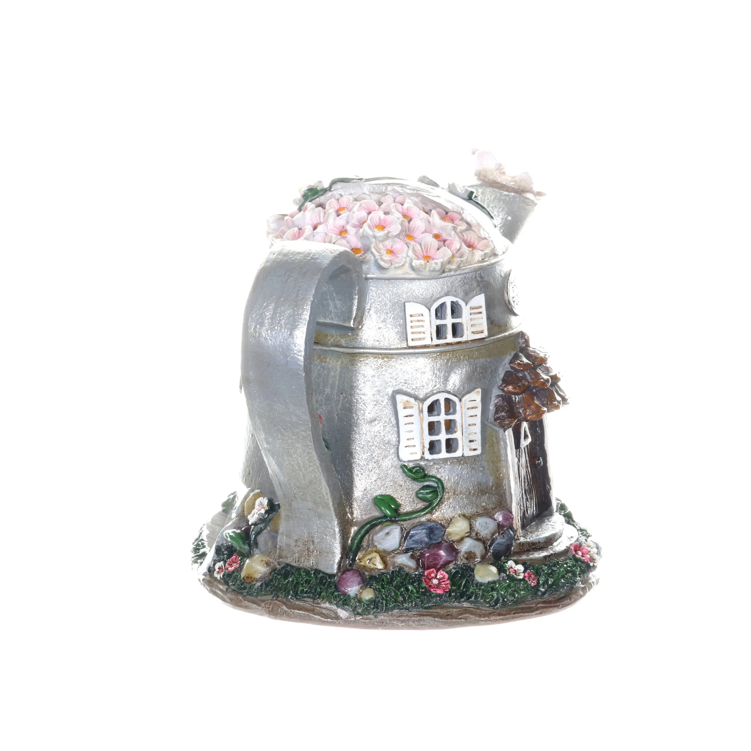 Solar Silver Tea Pot Fairy House Garden Statue, 7 Inch