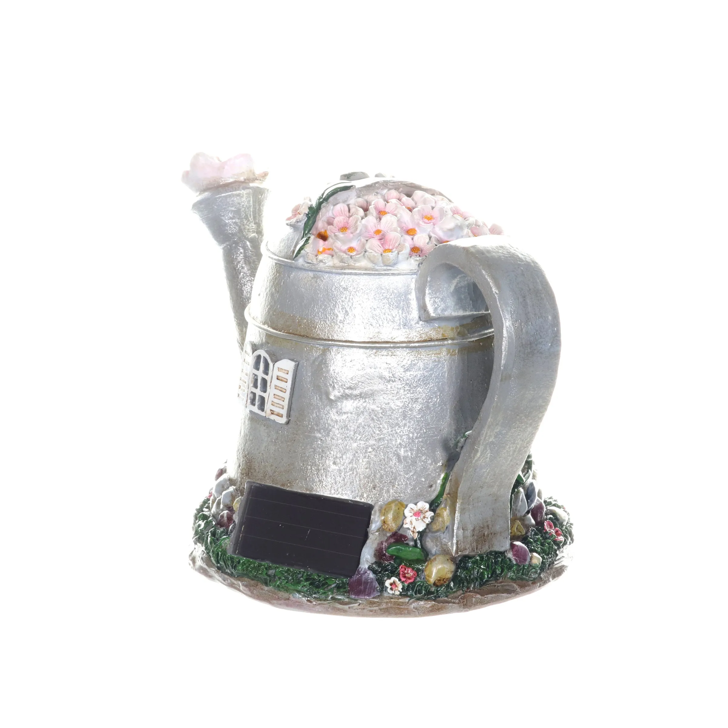 Solar Silver Tea Pot Fairy House Garden Statue, 7 Inch