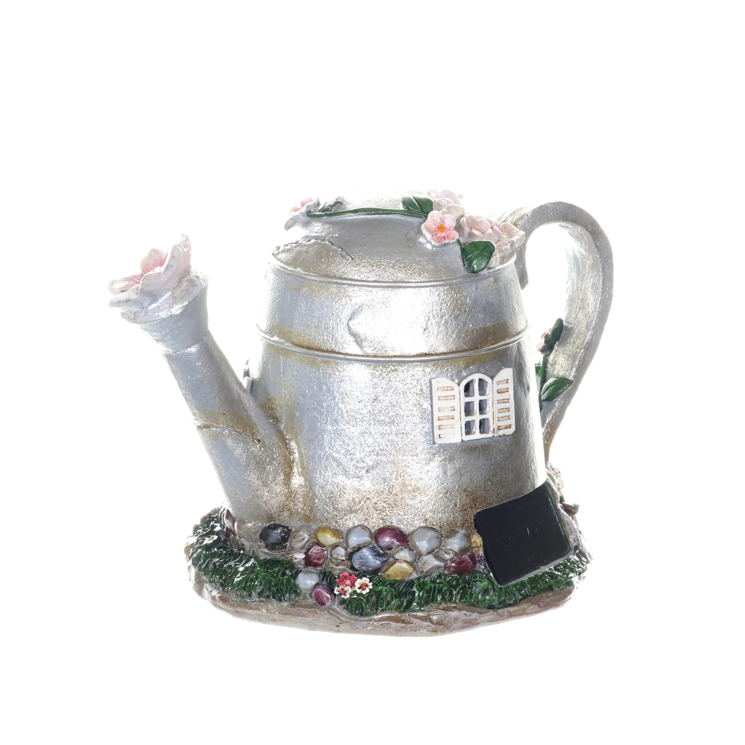 Solar Silver Tea Pot Fairy House Garden Statue, 7 Inch