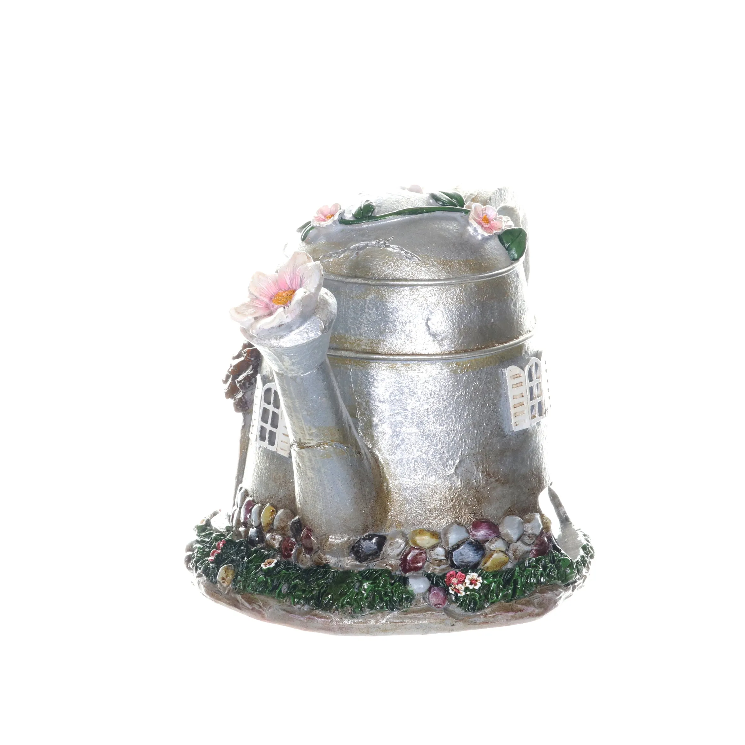 Solar Silver Tea Pot Fairy House Garden Statue, 7 Inch