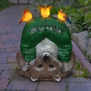 Solar Topsy-Turvy Welcome Racoon with Birds Garden Statue, 10 inches